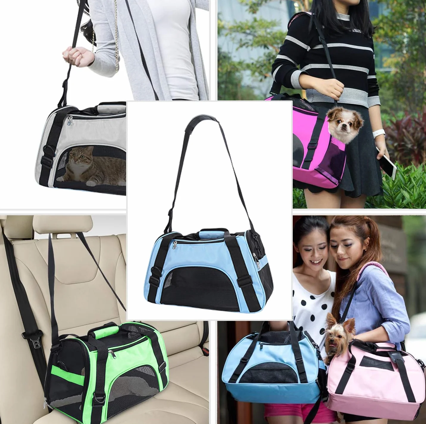 Haustier Reise Tragetasche für Katze Hund Kaninchen Hamster, Flugzeug Genehmigt Weich Seitlich Tragbare Haustier Tasche mit Schultergurt (M - 47x27x28 cm for Max 5KG Pet, Grün)