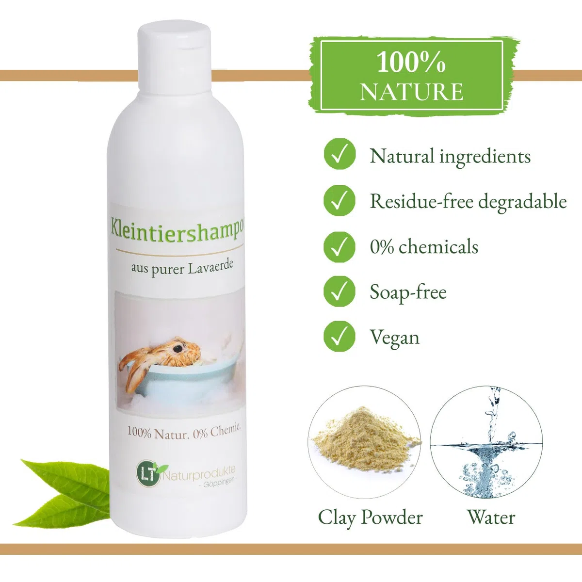 Kaninchenshampoo | Bio | Chemie- und seifenfrei | hypoallergen | gegen Juckreiz | mit original marokkanischer Lavaerde | 250ml | für Kurz- und Langfell