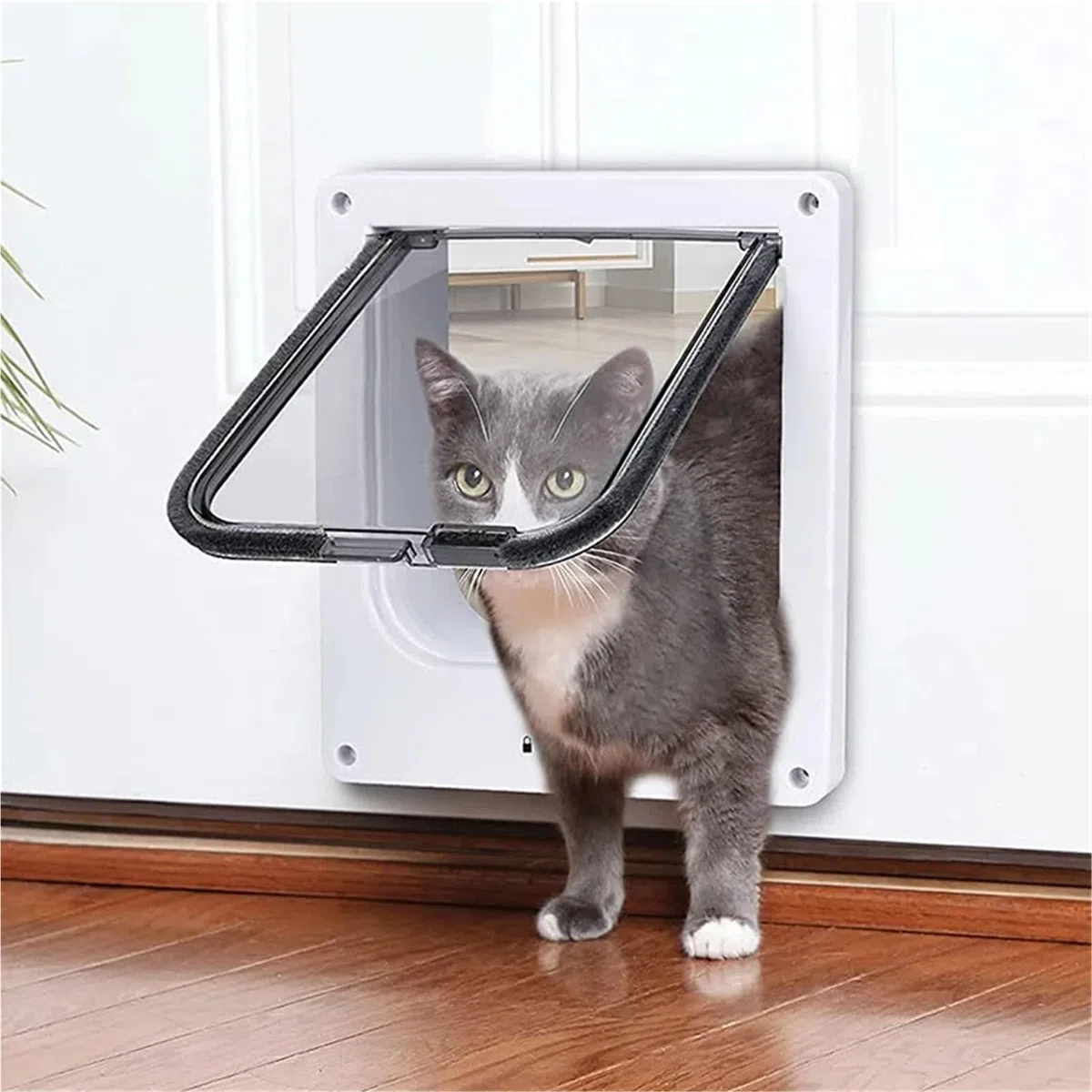 Katzenklappe Tür 4-Wege-Sicherheitsschloss ABS-Kunststoff Hund Katzen Haustiere Smart Retractable Anti Pet Supplies(White,XL)