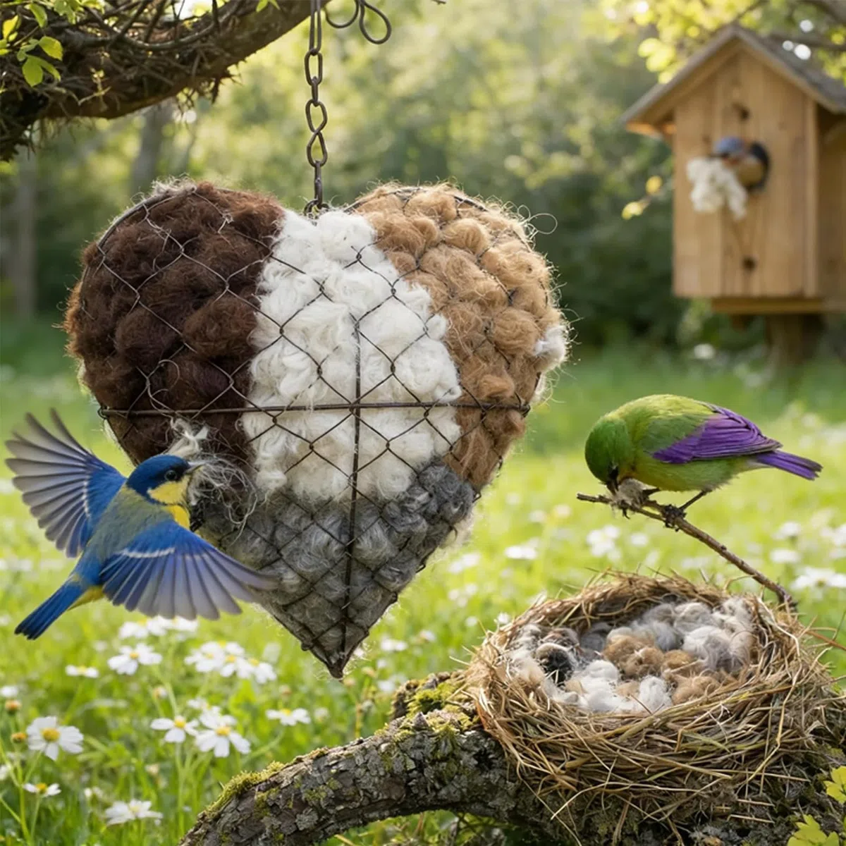Wollherz für Vögel, Zupfherz Alpakawolle-Spender, Nachfüllbarer Nistmaterialhalter, Natürlich Weich Nestbauhilfe, Bietet Unterschlupf Nistmaterial Für Vögel Im Winter, Garten (1pcs)