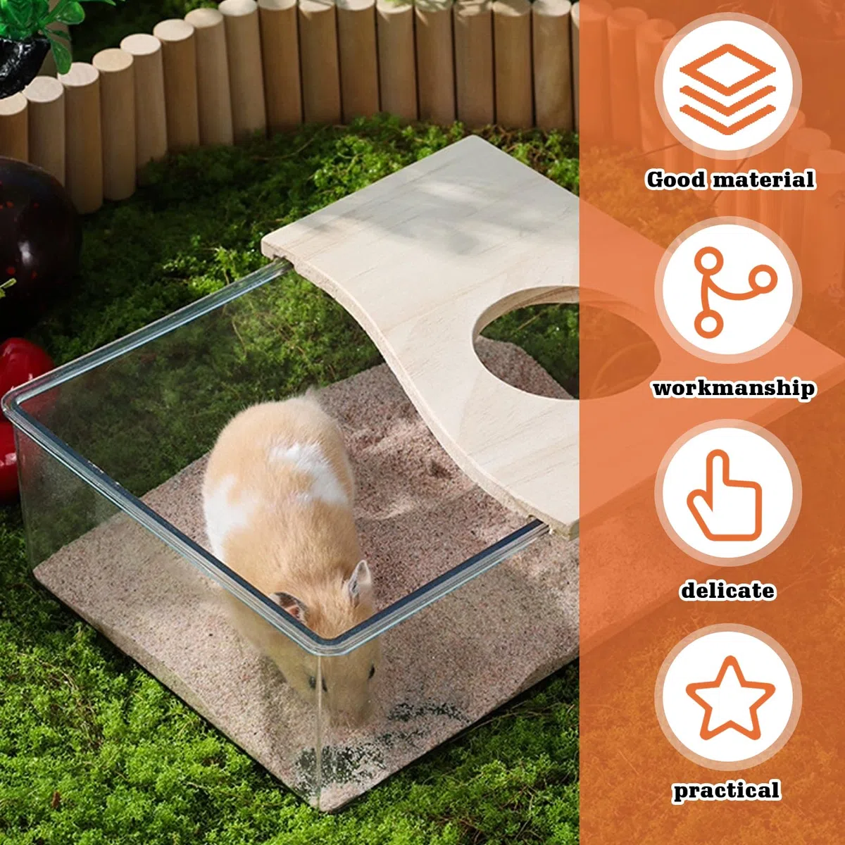 HOMURY 1 Stück Hamster Sandbad: Acryl Hamster Badebox, Hamster Zubehör mit Halbabdeckung aus Massivholz, Hamster Toilette für Chinchilla, Goldene Bären, Gerbil(Rechteckig,20x15x8cm)