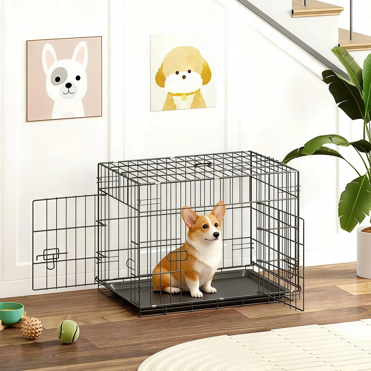 BestOffice Hundekäfig, klappbar, mit 2 Türen, ausziehbar Kunststofftablett und Griff, Hundetransportbox für Reisen, 61x42x48cm, S, Transportbox- Haustiere, Innen und Außenbereich, Schwarz