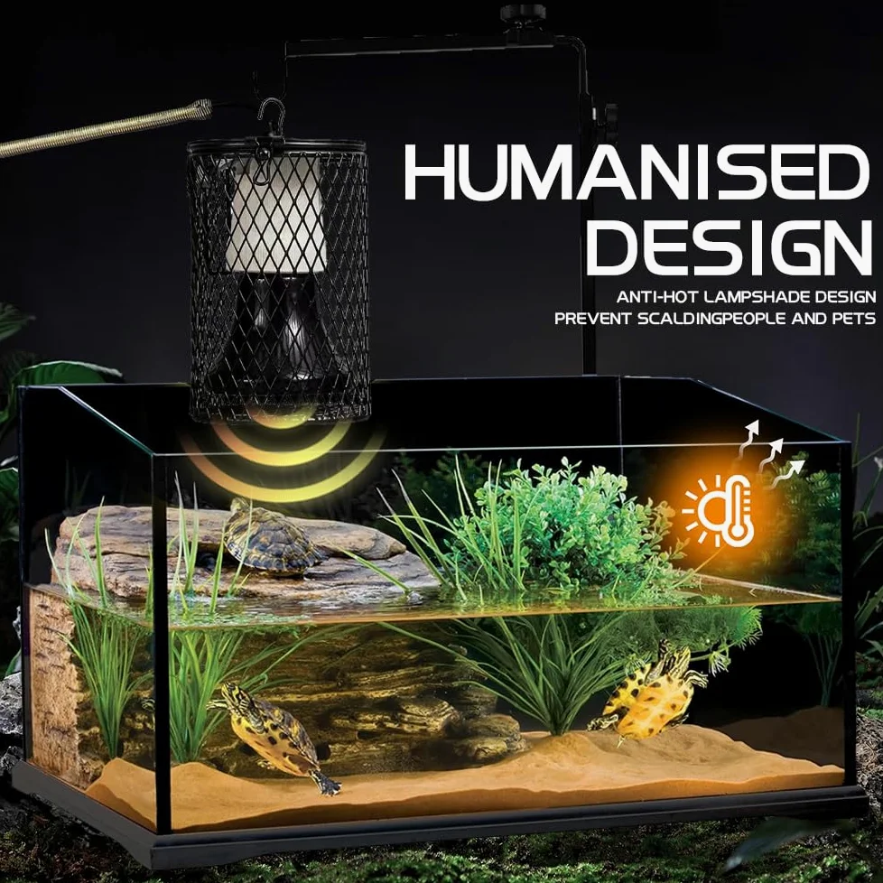 Reptilien Wärmelampe mit Schutzkorb, 2 Keramik Wärmelampen E27 mit Lampensockel Halter, Wärmelampe für Schildkröten, Einstellbare Temperatur, für Reptilien, Vögel, Chamäleon (50 W, Schwarz)