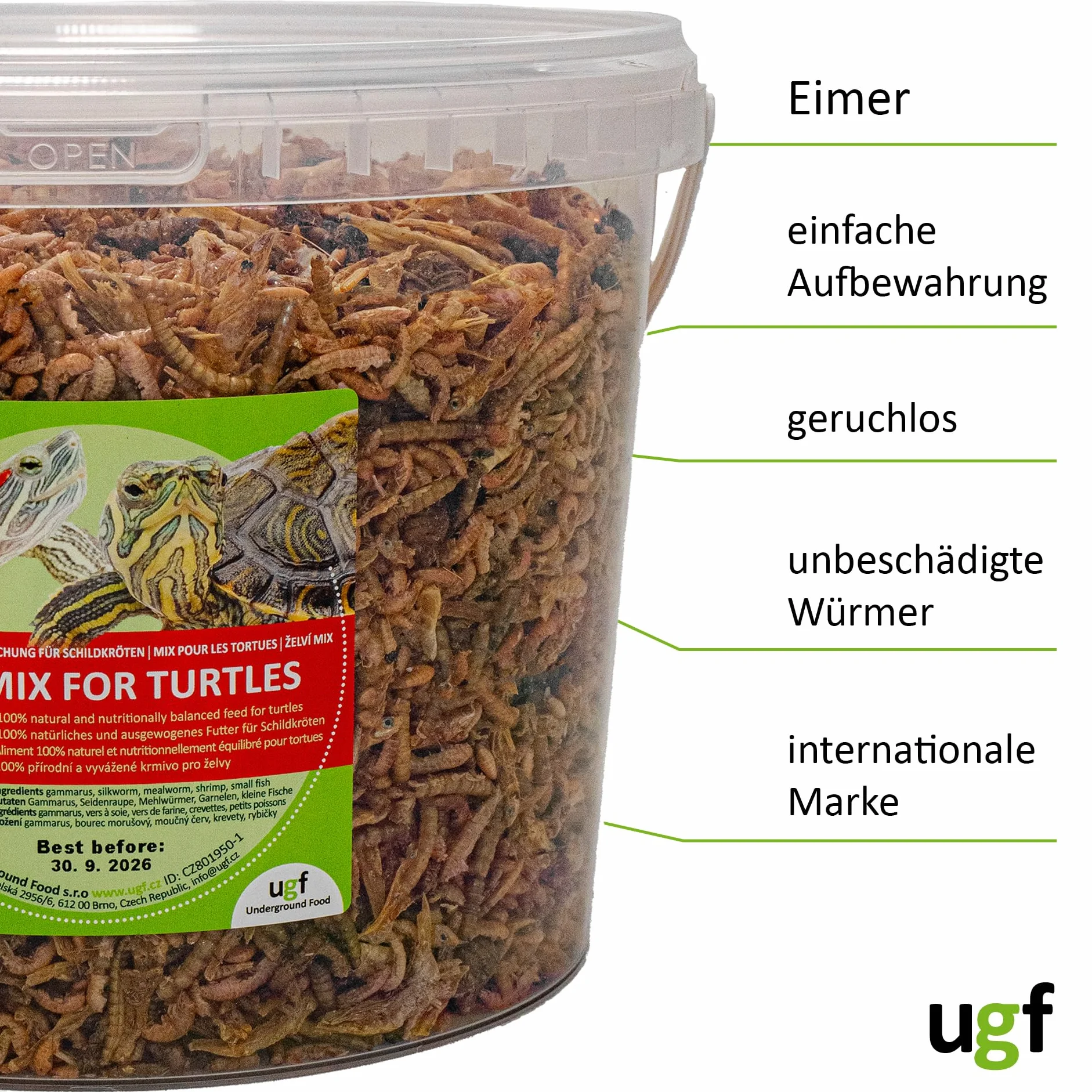 UGF - Universal Schildkröten Futter Mix - 500g im 3 Liter Eimer, Ausgewogenes Schildkrötenfutter, Gammarus, Seidenraupen, Mehlwürmer, Garnelen und getrockneter Fisch, Wasserschildkröten Futter