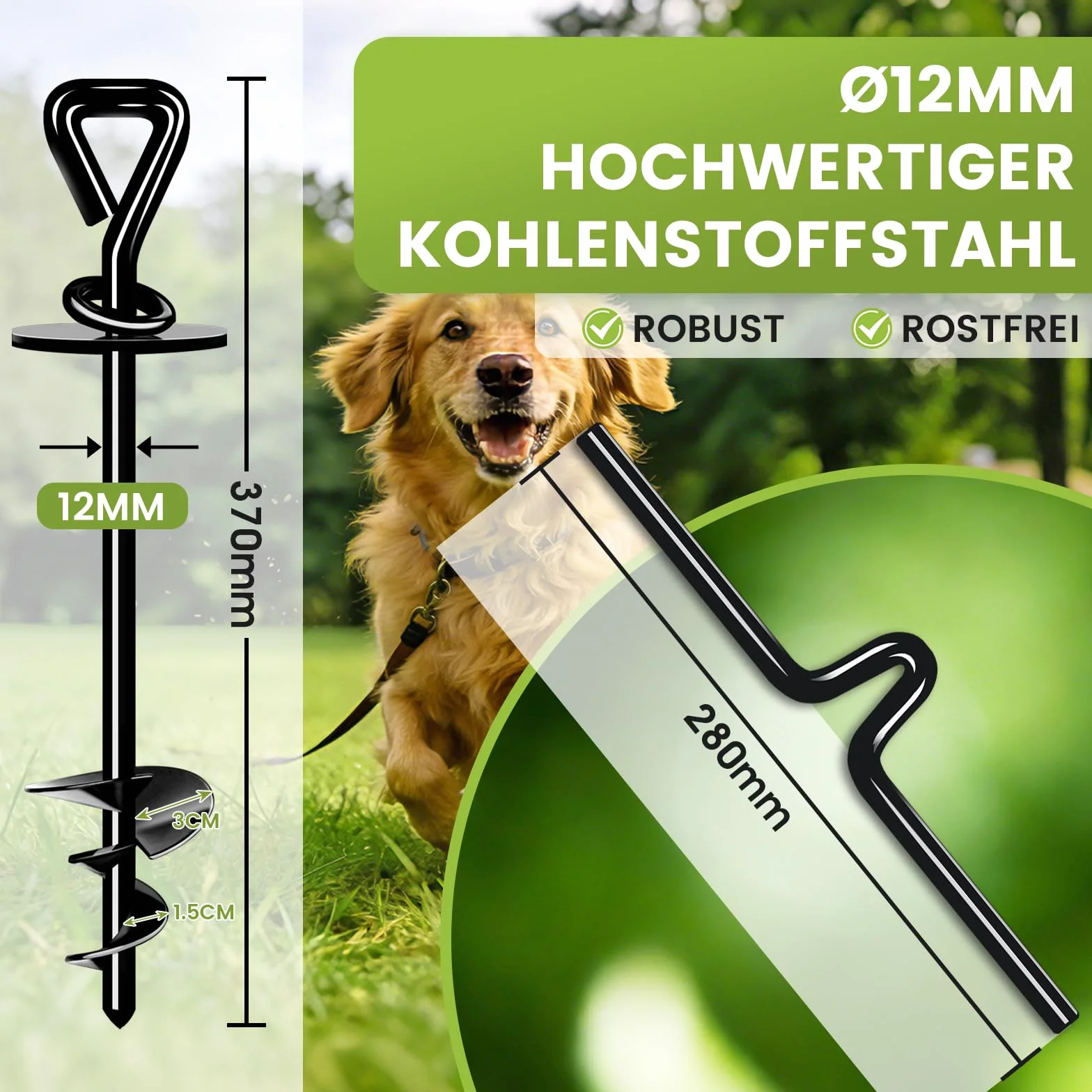 Bodenanker Hund, ø 12mm Spiralklinge Anlegepflock für Hunde bis zu 220 lbs, Erdanker Hund Mittlere Oder Große für Camping, Strand, Rasen und Hof
