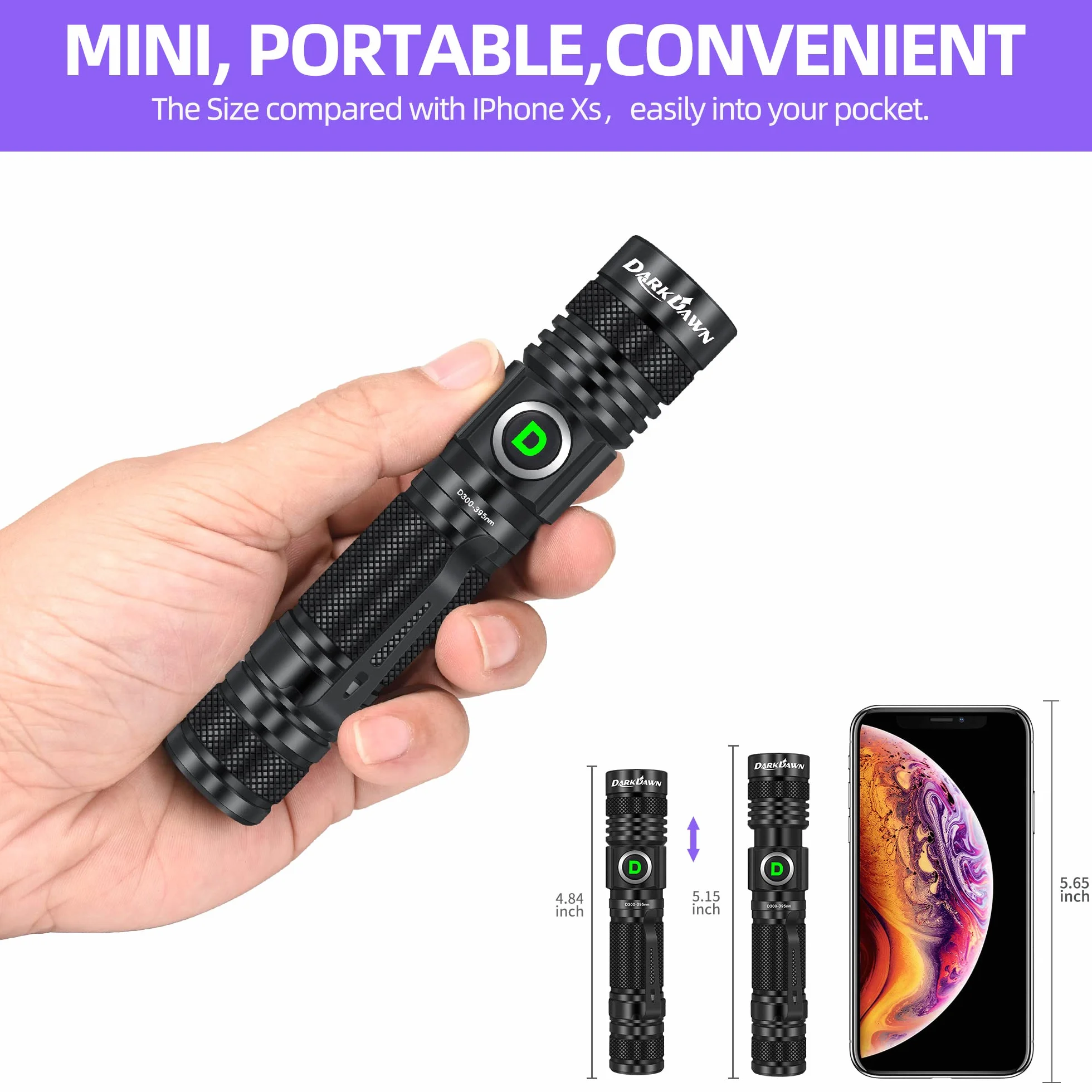 DARKDAWN UV Taschenlampe 395nm Licht USB Wiederaufladbare, Ultraviolett-LED-Schwarzlicht Woodsche Lampe Tragbare, Mini-Detektor für Haustier Urin Flecken, Edelstein, Harz Aushärtung, Fluoreszenz