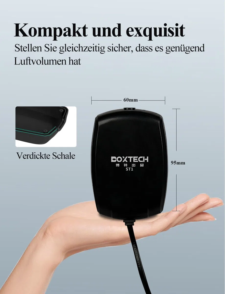 Boxtech Aquarium Luftpumpe,Mini Sauerstoffpumpe mit Luftstein,Rückschlagventil,Leistungsstarke luftsprudler Fisch Pumpe für Nanoaquarien（2 W）