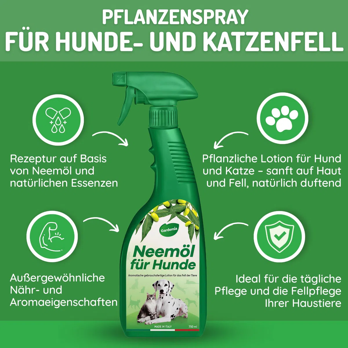 Gardemia Neemöl für Hunde und Katzen Spray 750ml | Natürliche Fellpflege mit den bekannten Eigenschaften des Neemöls | Angenehmer Duft | Spaziergänge, Outdoor & Indoor | Grooming | Für Deutschland