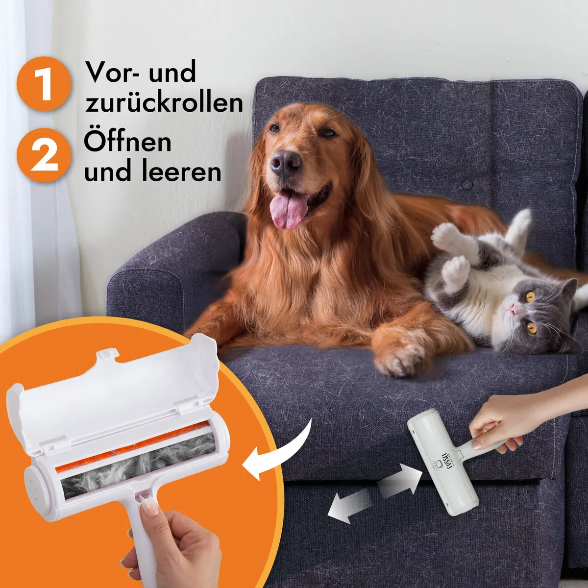 FusselMonster Tierhaarentferner Fusselrolle mit Sammelkammer – Wiederverwendbarer manueller Hunde- & Katzenhaarentferner für Sofa, Teppich & Autositze (weiß)