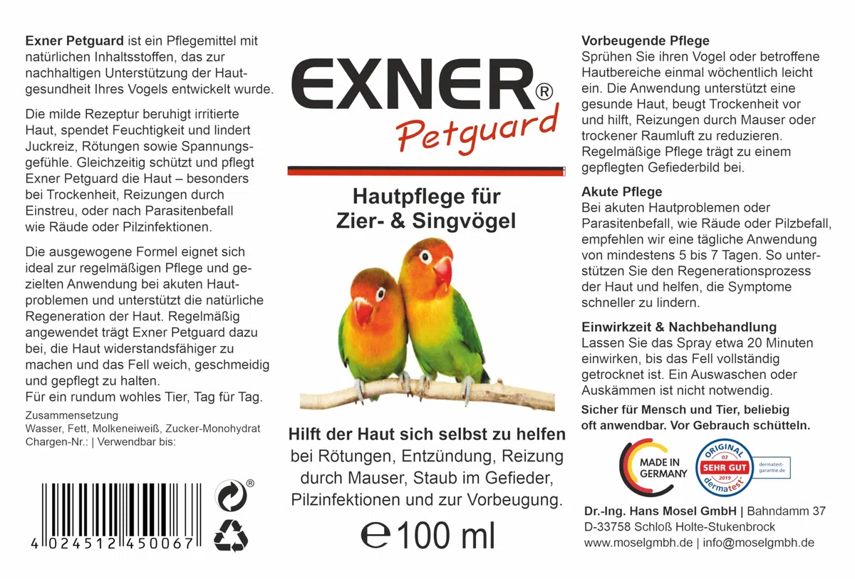 Tierpflege für Ziervögel & Singvögel - Pflegemittel bei Juckreiz, Haarausfall, Entzündung, Parasiten, Räude, Milben & Pilzbefall - biologisch & natürlich - 100 ml Sprühflasche