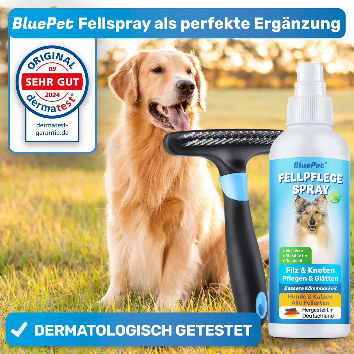 BluePet Fellentwirrer Entfilzer für Langhaar Hunde & Katzen I Hochwertiger Hundestriegel mit zwei Reihen Pins I Löst Knoten, Verfilzungen & Unterwolle I Unterwollrechen Glättet & Entwirrt langes Fell