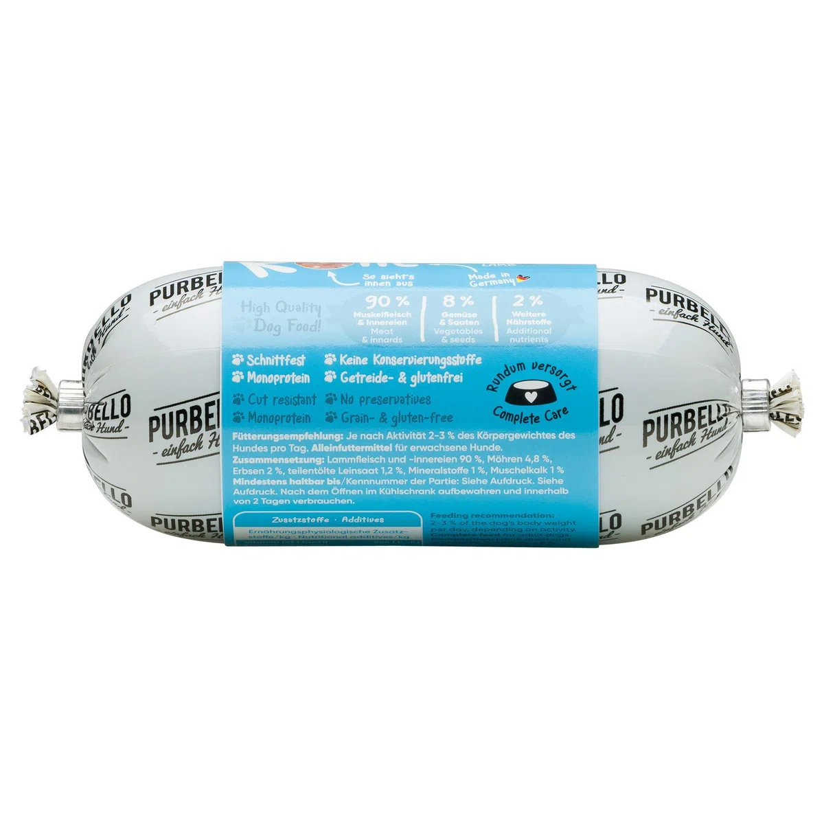 PURBELLO Hunde-Rolle Lamm mit Möhren & Erbsen - Monoprotein Hundefutter mit hohem Fleischanteil - Nassfutter für Hunde - Hundewurst schnittfest & getreidefrei - 8 x 200 g