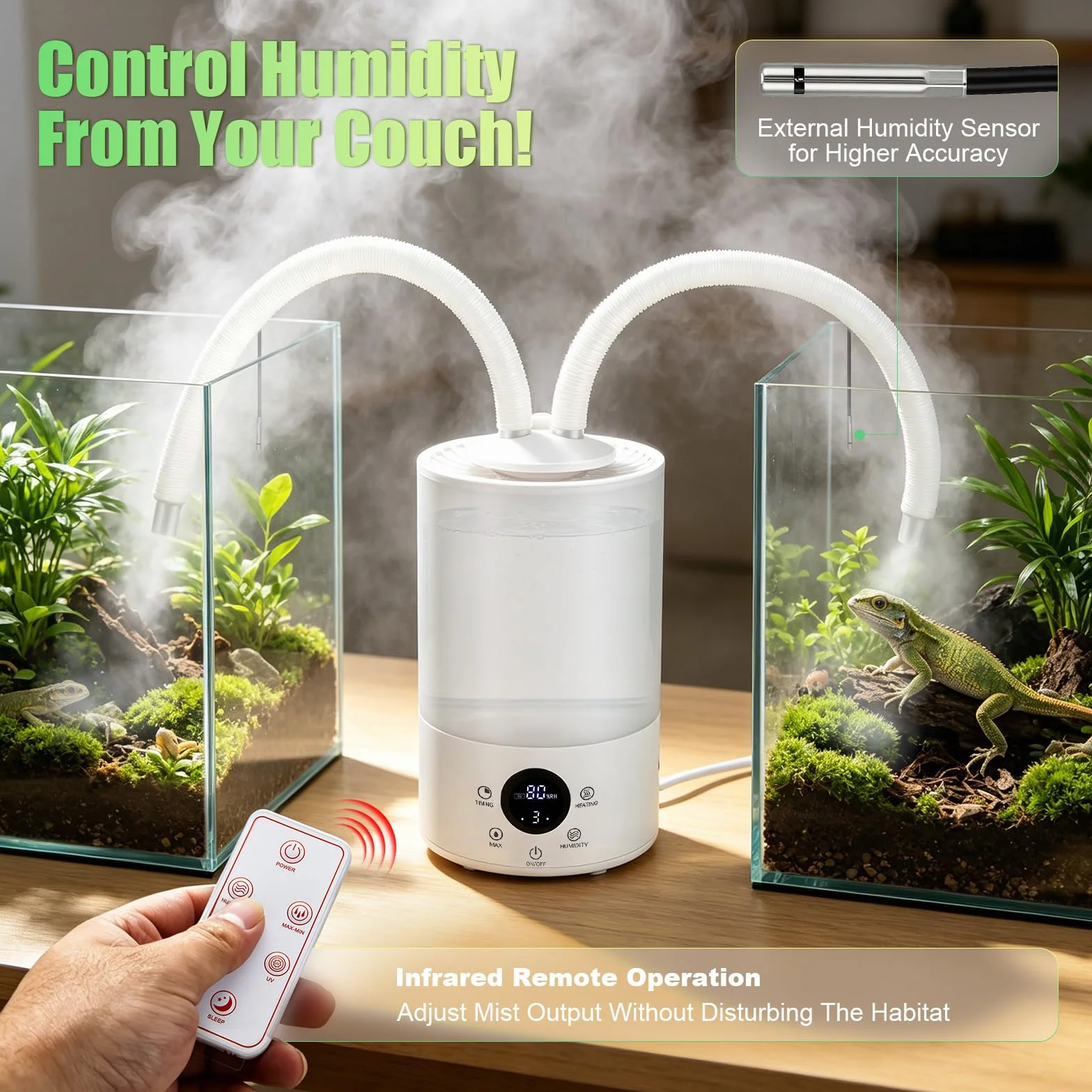 Reptilien Luftbefeuchter 4L Terrarium Vernebler mit Feuchtigkeits-Sensor, Timer, Doppelschlauch Ausziehbarem, Ultraleiser Nebelgerät Großem Nebelmaschine,für Reptilien Amphibien Feuchtigkeitspflanzen
