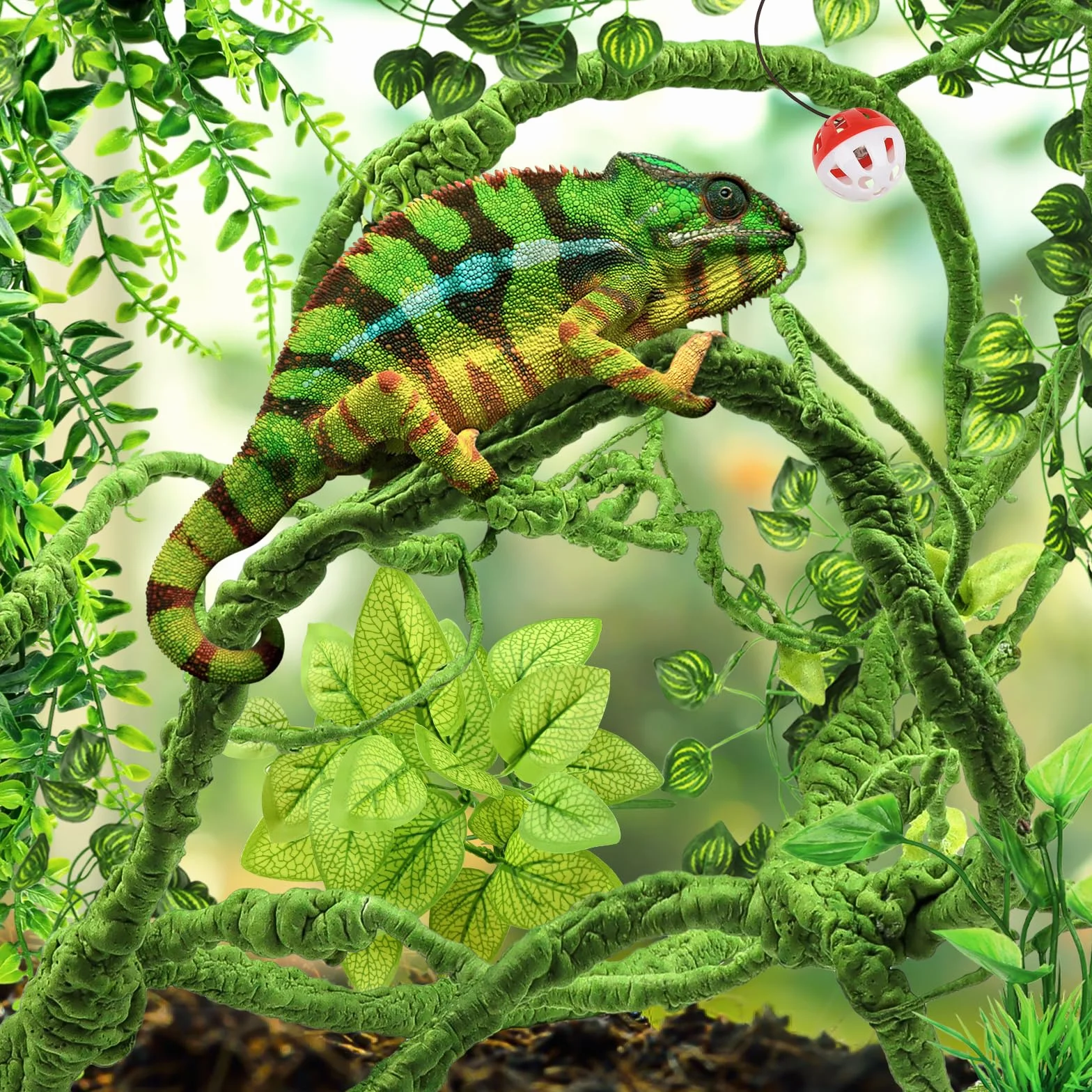 QUOZUO Hängepflanze Terrarium Zubehör, kunstpflanze hängend, Künstliche Pflanzen Reptilien Terrarium Kletterreben Blätter, Chamäleon Terrarium Deko für Eidechsen, Schlangen
