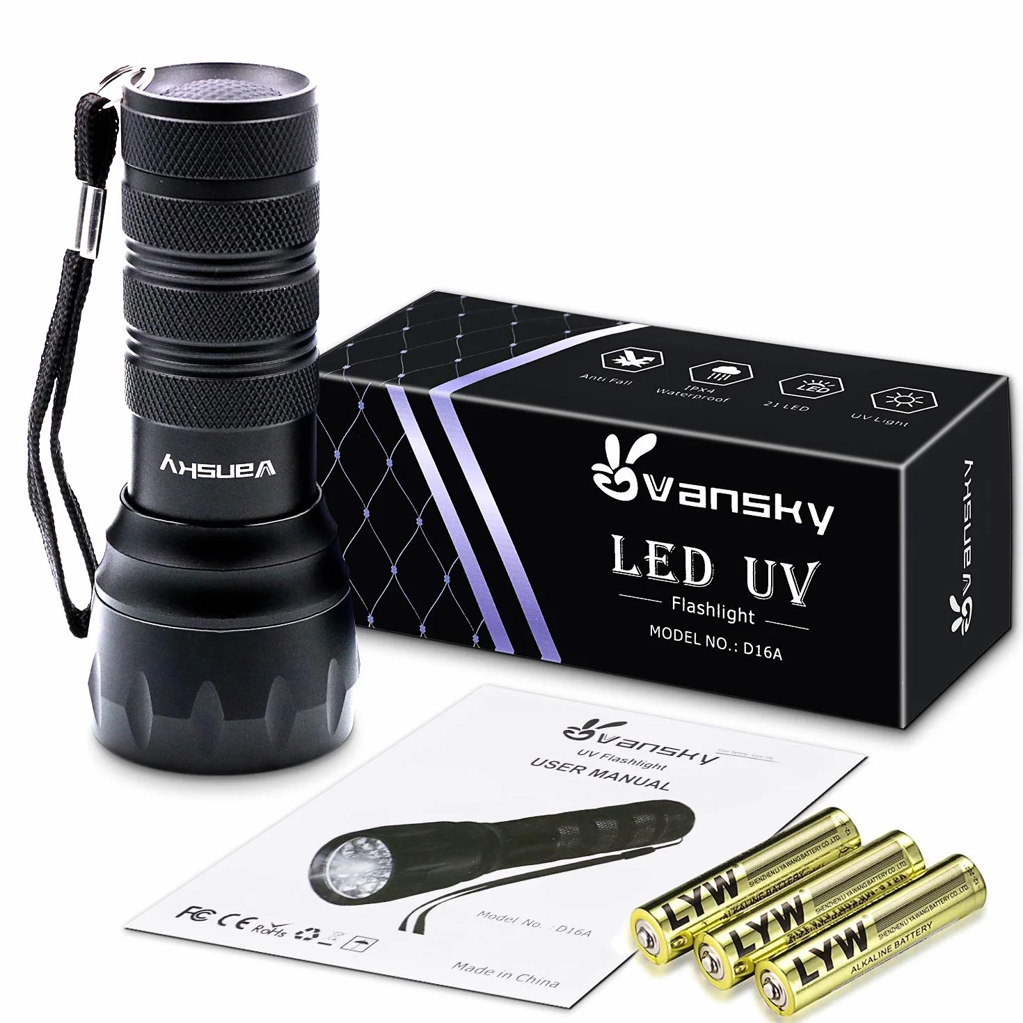 Vansky UV-Taschenlampe 21 LEDs, UV-Taschenlampe Schwarzlicht für Haustierurinerkennung, Schwarzlicht-Detektor für Hundeurin, Haustierflecken, Bettwanzen auf Teppich/Teppichen【3 x AAA-Batterien】