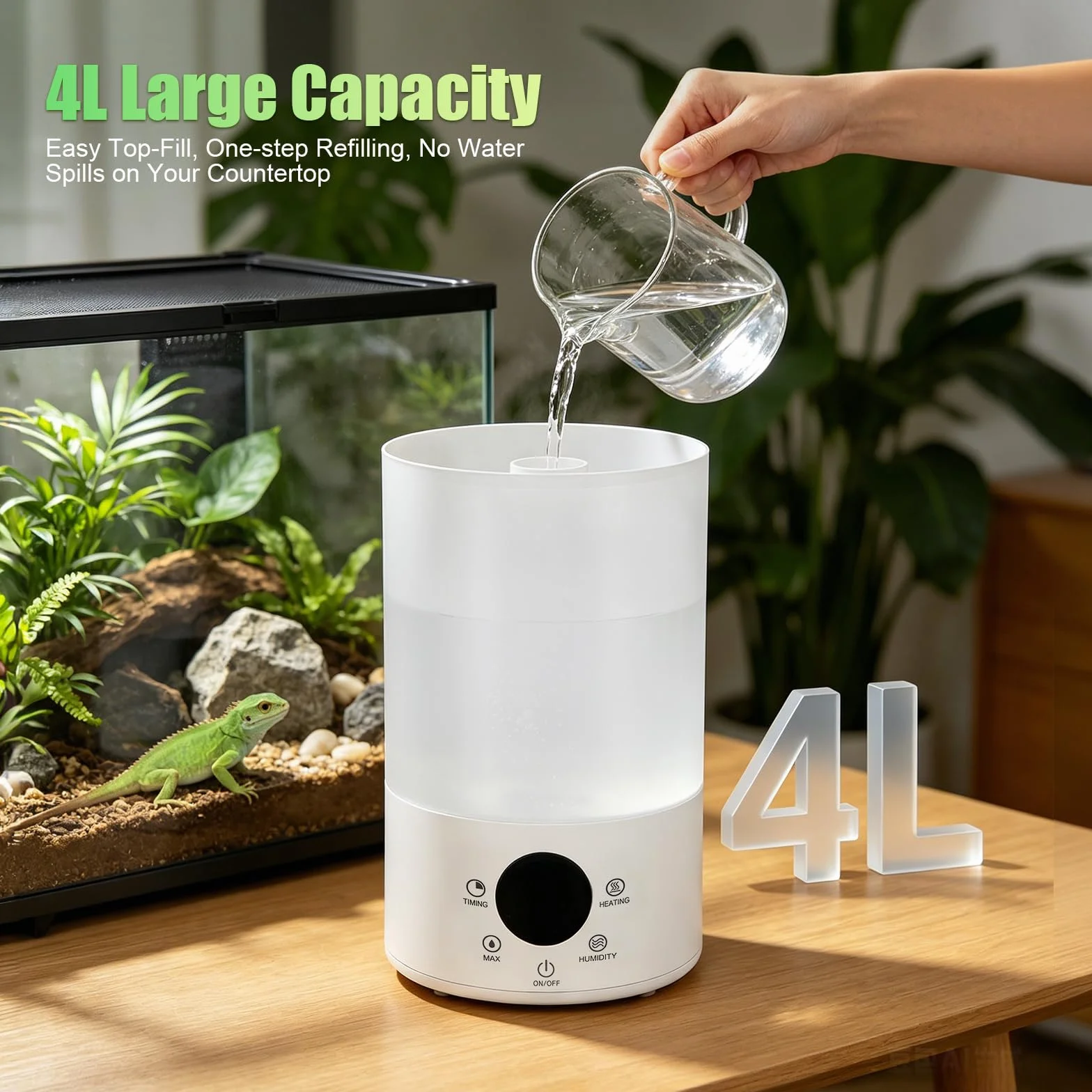 Reptilien Luftbefeuchter 4L Terrarium Vernebler mit Feuchtigkeits-Sensor, Timer, Doppelschlauch Ausziehbarem, Ultraleiser Nebelgerät Großem Nebelmaschine,für Reptilien Amphibien Feuchtigkeitspflanzen