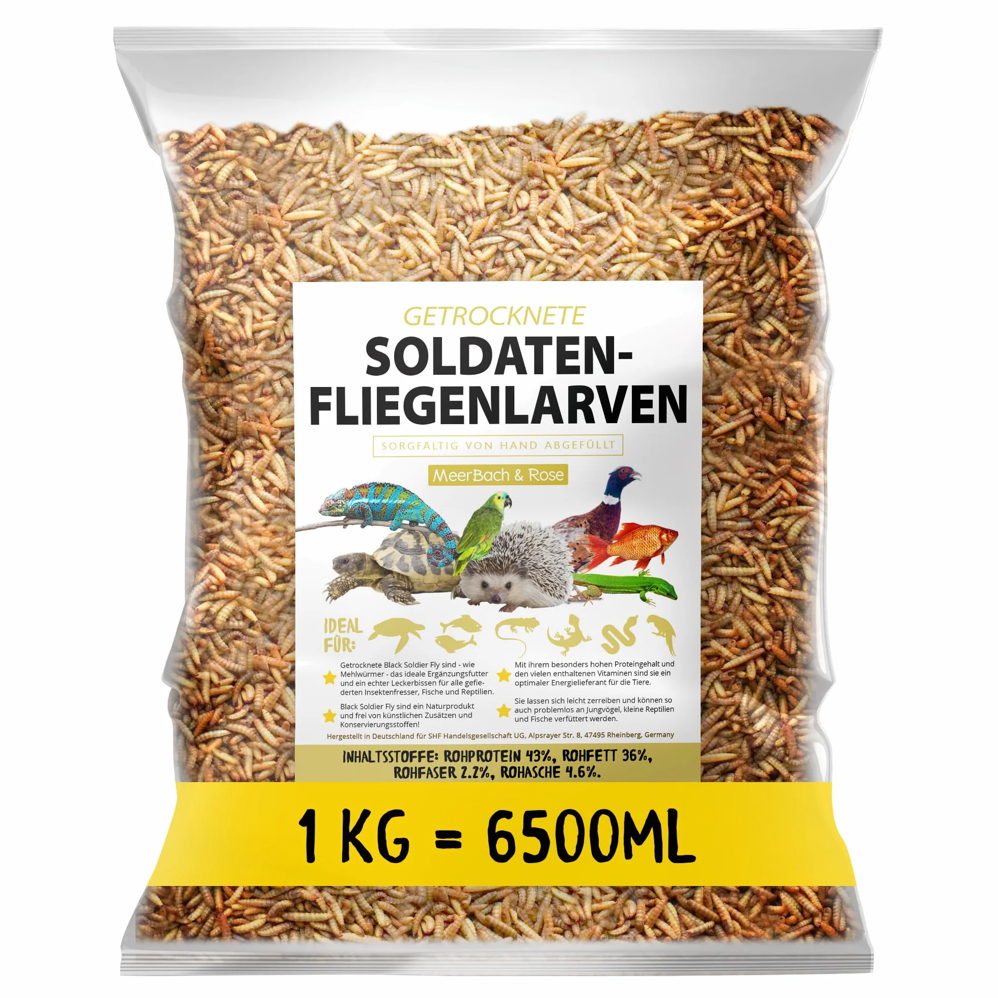 Soldatenfliegenlarven getrocknet 1kg (entspricht 13 Litern) PROTEINREICH | Ganzjähriger Insektensnack für Vögel, Fische, Schildkröten + Reptilien. MEERBACH & ROSE – Premium Qualität aus Deutschland