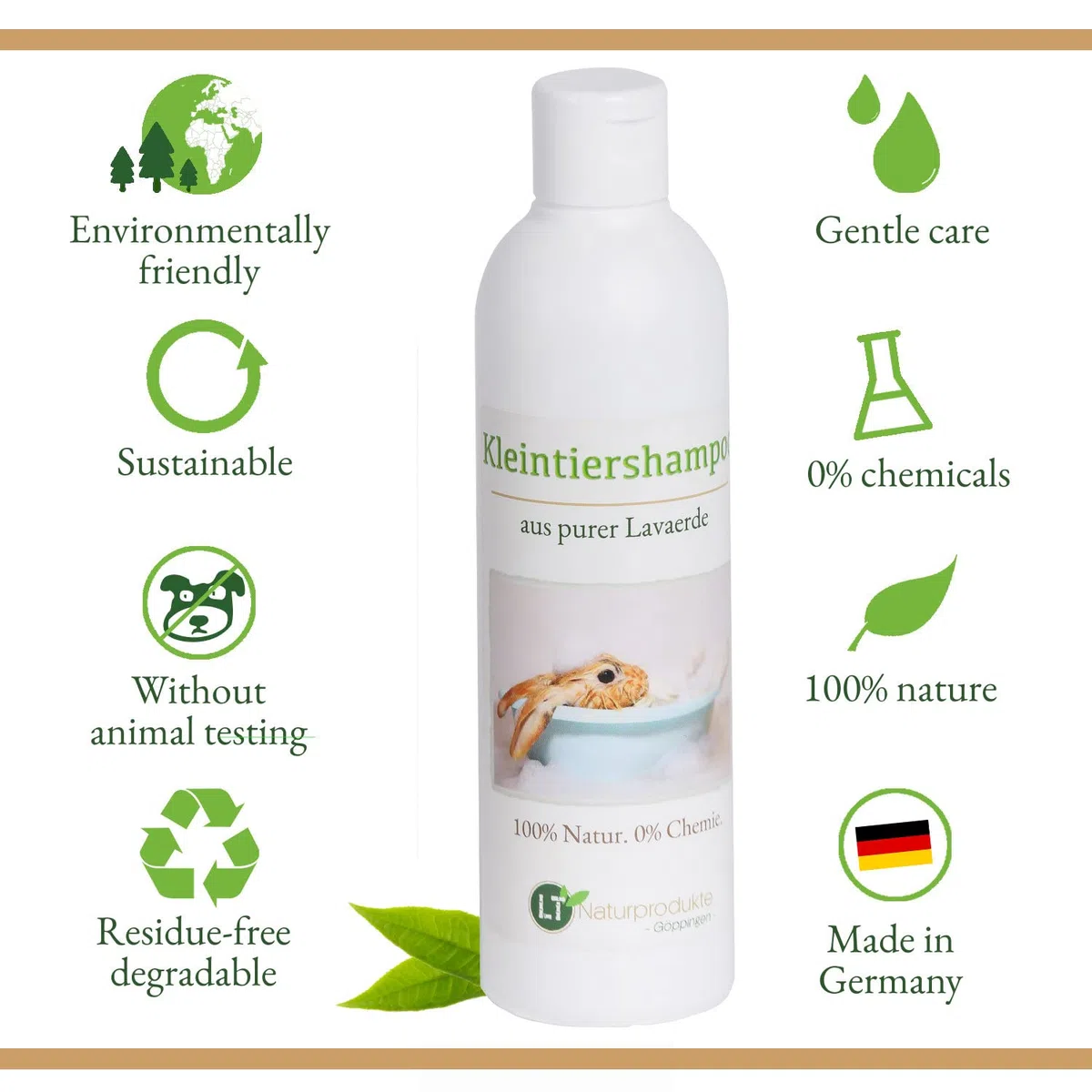 Kaninchenshampoo | Bio | Chemie- und seifenfrei | hypoallergen | gegen Juckreiz | mit original marokkanischer Lavaerde | 250ml | für Kurz- und Langfell