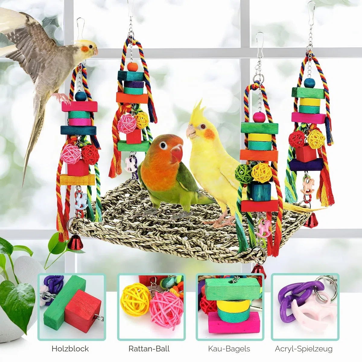 Vogelspielzeug, Sittichspielzeug, Vogelfutter, Wandspielzeug, Seegras, gewebte Hängematte, Schaukelmatte zum Klettern, Barsch, Schaukel, mit Buntem Holzkauspielzeug für Lovebirds, Sittiche (groß)