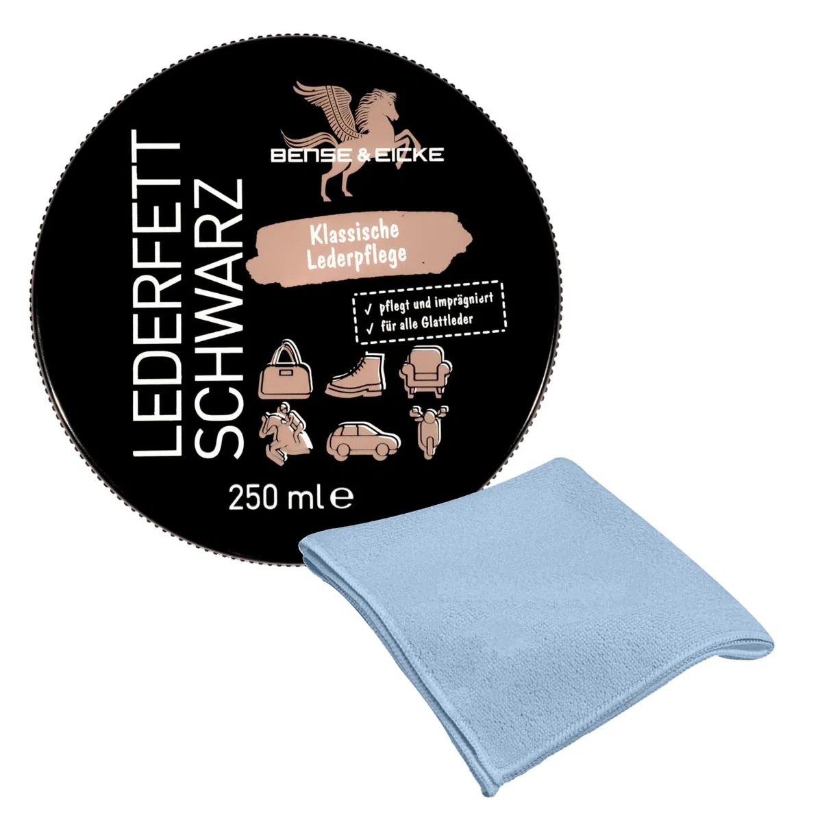 esnado - Bense & Eicke Lederfett Schwarz 250 ml + 1 Mikrofasertuch - pflegt und imrägniert - perfekte Lederpflege für Glattleder, Autositze, Motorradkleidung, Sättel