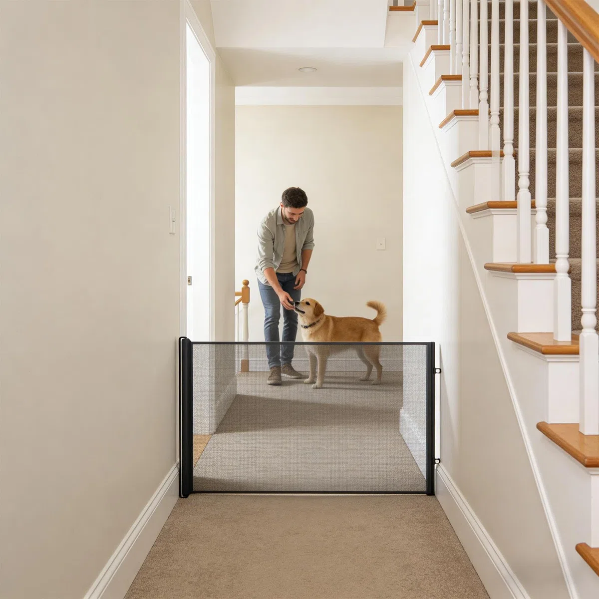 Hundegitter – ohne Bohren einziehbarer , -Barriere mit Netz-Panel, Rolldesign und verstellbarem Montageset für Innen- und Außenbereich, Flur, Treppenhaus, Küche, Schlafzimmer und