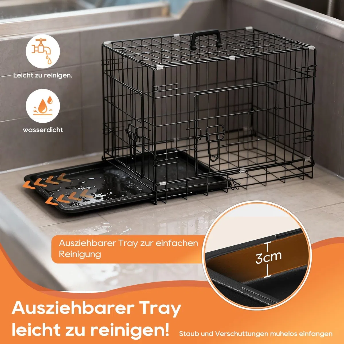 BestOffice Hundekäfig, klappbar, mit 2 Türen, ausziehbar Kunststofftablett und Griff, Hundetransportbox für Reisen, 61x42x48cm, S, Transportbox- Haustiere, Innen und Außenbereich, Schwarz