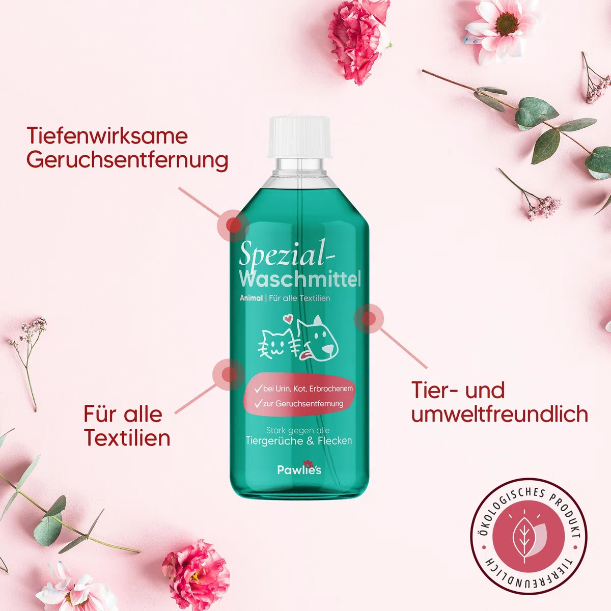 Pawlie's Geruchsentferner & Hygienespüler Wäsche gegen Katzenurin 1L | Neutralisiert Katzenurin, Tiergeruch und Schweiß in Sport- & Funktionswäsche, statt zu überdecken. Schon ab 20 Grad.