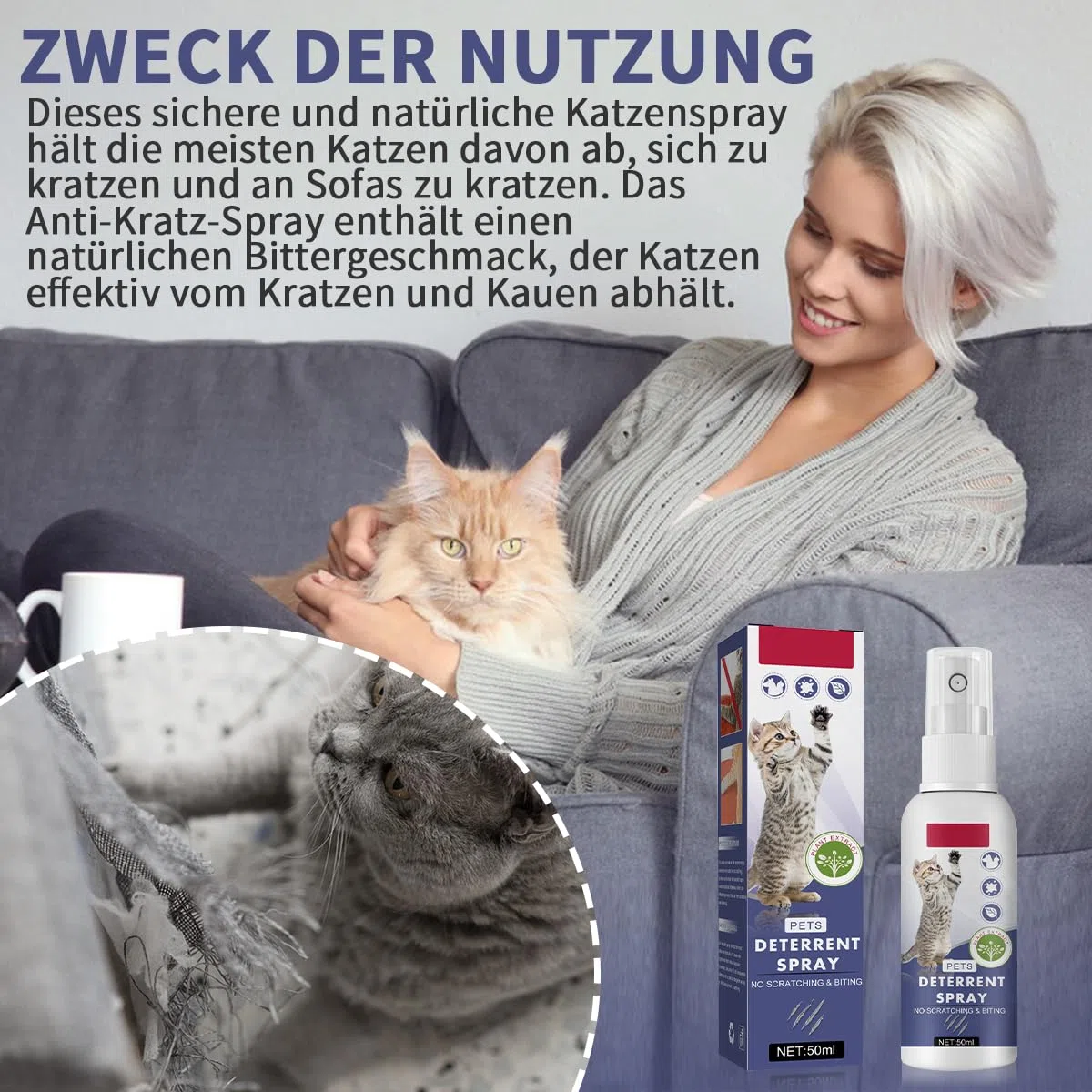Katzenabwehrspray,Anti Kratz Spray Katzen,Kratzschutz für Katze Hund,Fernhaltespray Katzen,Kratzfestes Spray,Katzenabwehrspray für Innen und Außen,Natürlich Effektiv,50ml