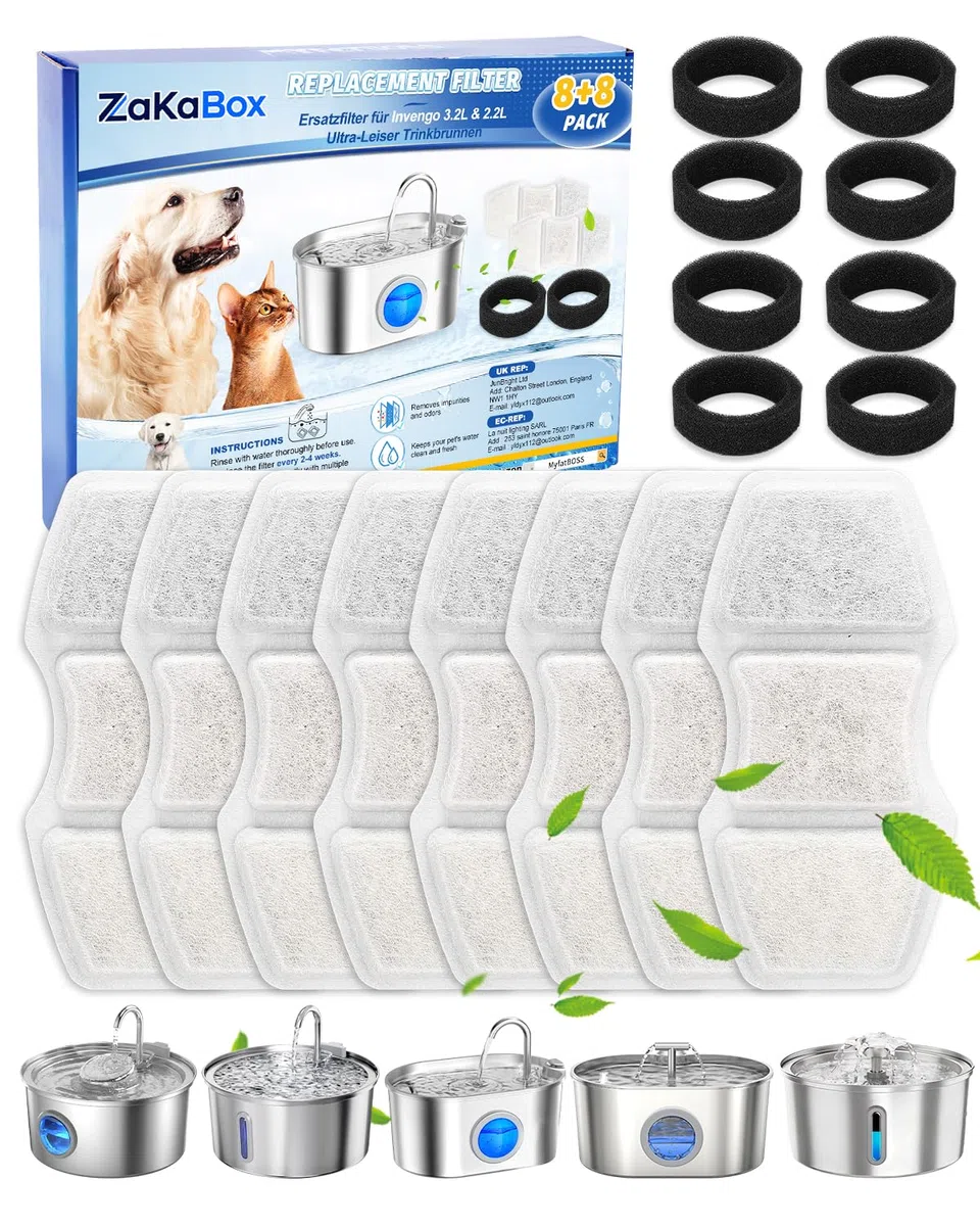 8 Pack Ersatzfilter für Invengo 3.2L Katzenbrunnen Edelstahl, 5-Schicht Filtration für Invengo 3.2L/2.2L Ultra-Leiser Trinkbrunnen für Katze, 8 Kohlefilter und 8 Schaumstoffschwämme (8+8)