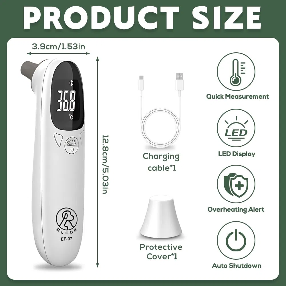Ohrthermometer Hund, Fieberthermometer Hund mit LED Anzeige, 12,8 * 3,9 cm Tragbares Fieberthermometer Ohr, Fiebererkennung für Katzen, Hunde, Kühe, Ferd(Weiß)