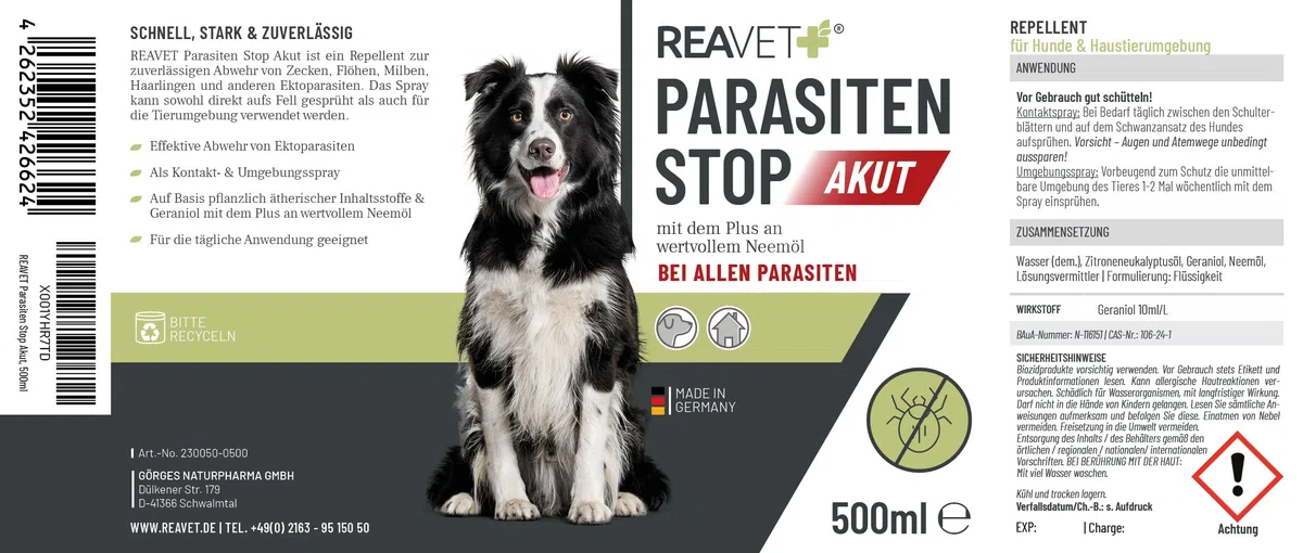 ReaVET Parasitenspray Insektenspray XL AKUT - gegen ALLE Parasiten für Hunde & Tierumgebung 500ml I Abwehr von Zecken, Flöhe, Milben I Ungeziefer-Spray, Zeckenspray, Flohspray, Milbenspray