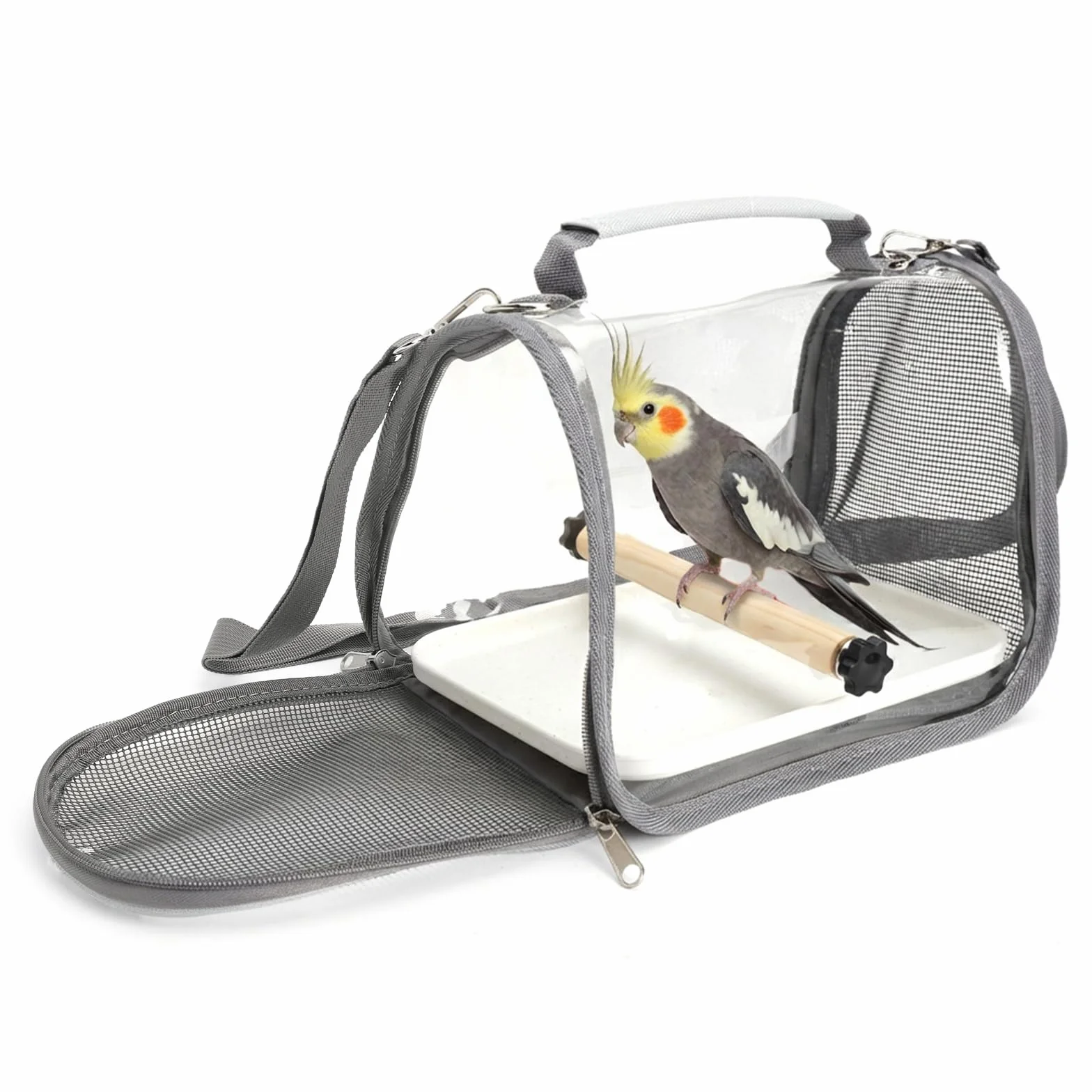 Vogel Transportbox mit Holzstab und Tablett, Rucksack für Vögel, Vogeltragetasche mit Stehstange, Leichter Rucksack für Papagei, Vogelkäfig für Wellensittich für Papageien,Sittiche,1 Backenzähne-grau