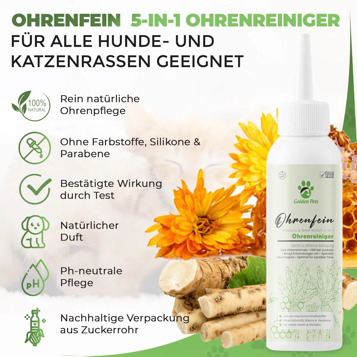Golden Pets TESTURTEIL SEHR GUT Ohrenreiniger für Hunde & Katzen **VERGLEICHSSIEGER** 100% natürliche Ohrenspülung gegen Juckreiz, Entzündung & Ohrenschmalz I Ohrenpflege, 250ml