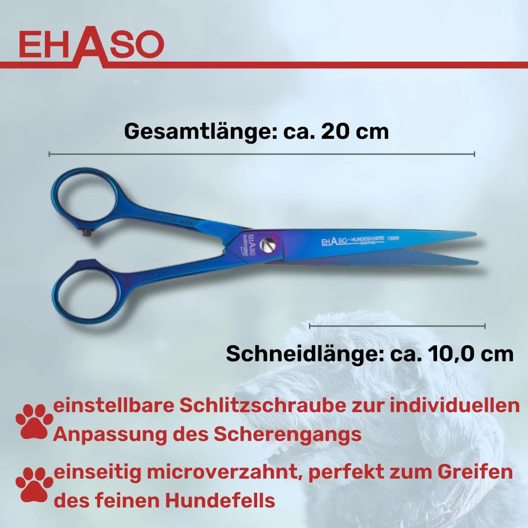 EHASO Hochwertige Gerade Hundeschere aus Titan - Rostfrei & Langlebig - 20 cm - Fellschere für Hunde - Profischere für Jede Art von Fell direkt Solingen