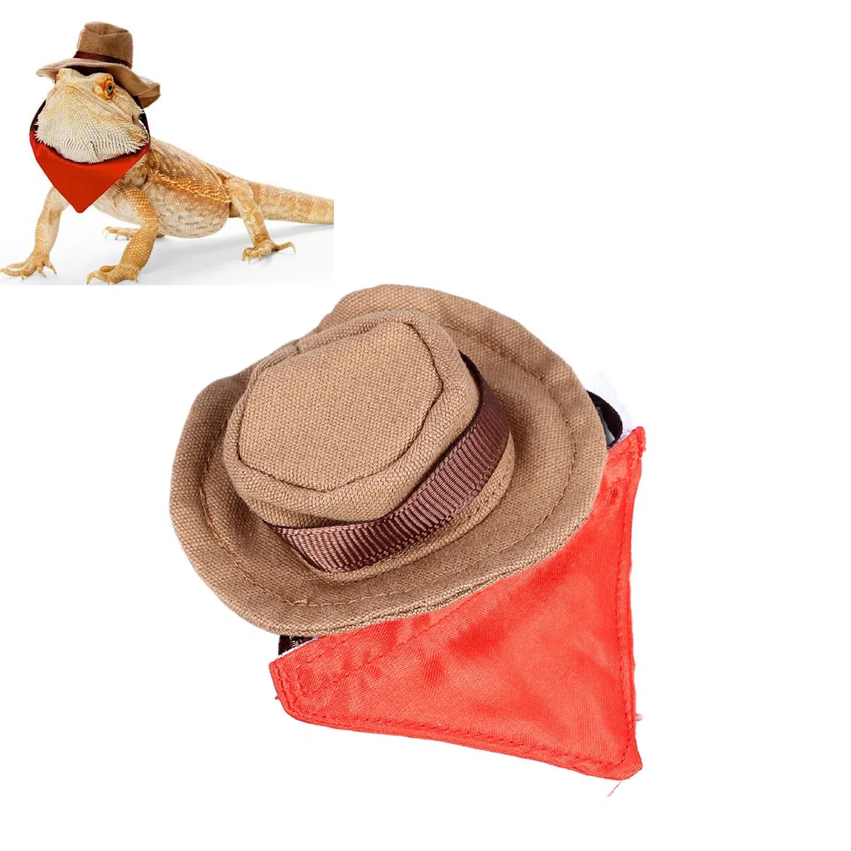 Luqeeg Reptilien-Cowboyhut, Haustier-Bandana, Verstellbares Bartagamen-Kostüm, Hut-Zubehör-Set für Eidechsen-Hamster, Kleiner Hund, Halloween-Thema, Lustige Haustier-Interaktion mit