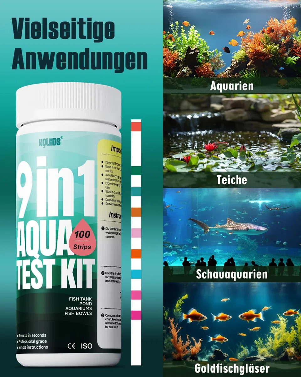 Aquarium Teststreifen - 9-in-1 Wassertestkoffer: Schnell & Präzise Wassertests für Süß- und Salzwasser, 100 Streifen zur Messung von Nitrit, Ammoniak, pH, Härte, für die Aquarium Pflege (100)