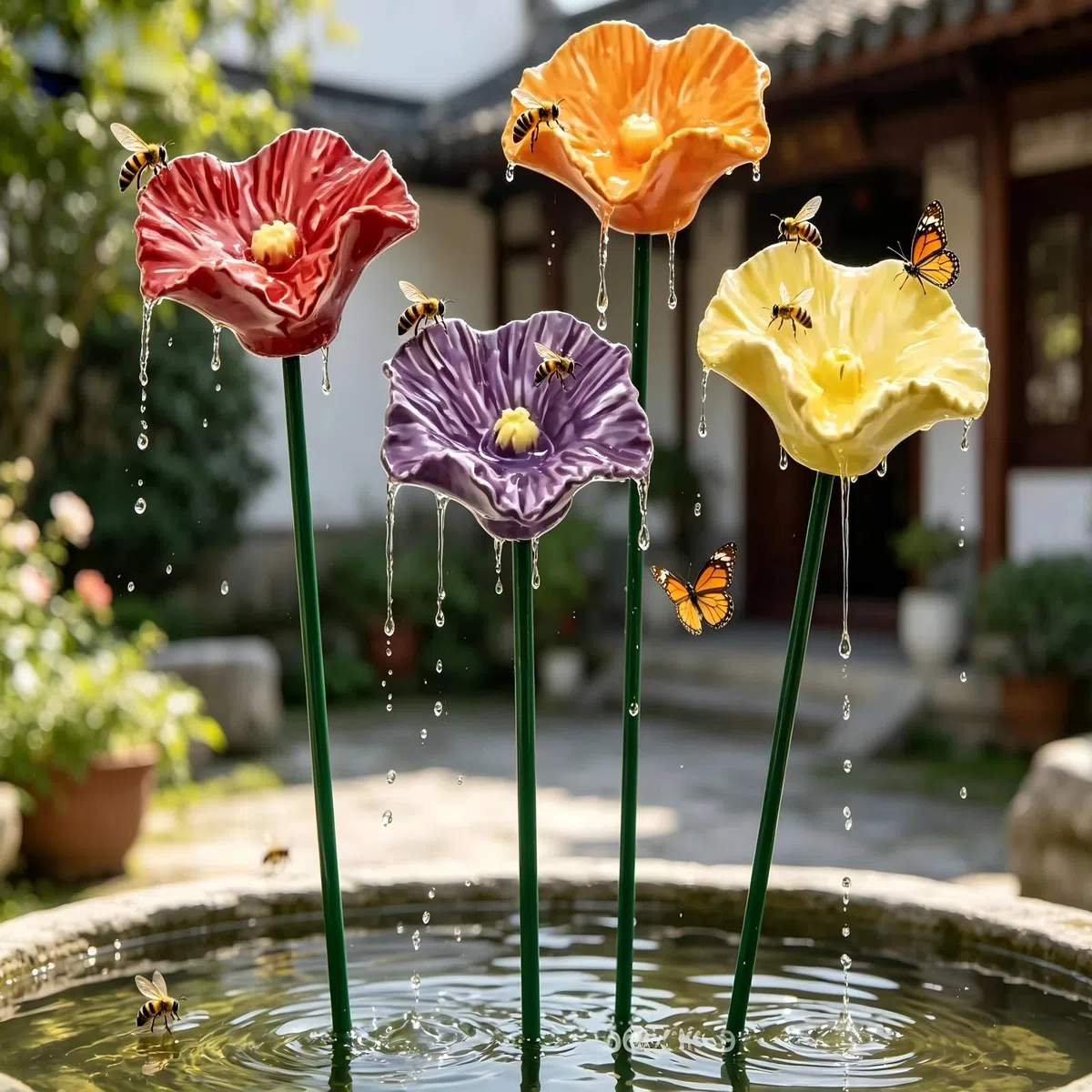 Generisch 6 Stück Keramik Blumen Gartenstecker, Vogel- und Bienentränke, 27 cm, Insektentränke für Garten und Blumentopf, Honig, Spenders, Outdoor, Hof, Terrasse (4Pcs)