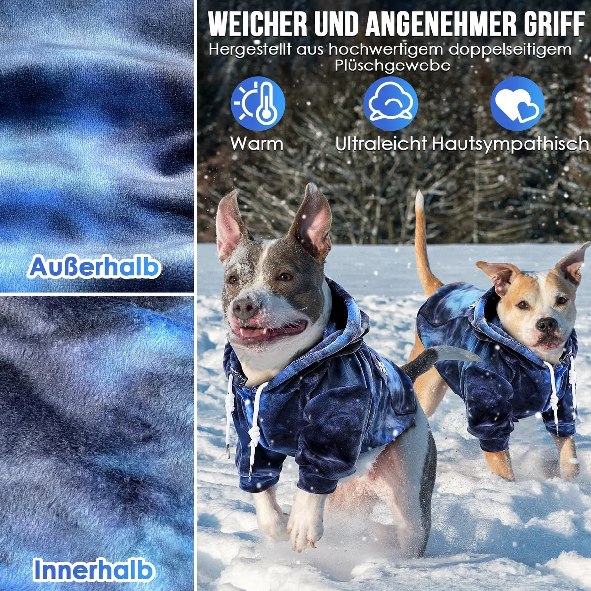Eyein Hundehoodie für kleine mittlere und große Hunde, Warmer Flanell Hunde Kapuzenpulli mit Taschen und Leine Portal, Weiche Hundebekleidung für Frühling Herbst Winter (Blau-Grau Tie Dye, M)