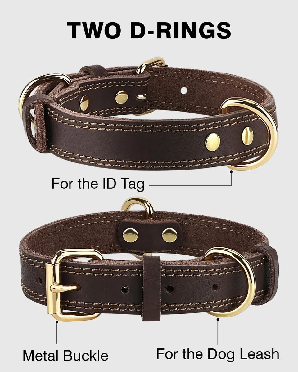 Joytale Hundehalsband Leder, Halsband aus Leder für Große Hunde, Weiches Echtleder Hundehalsband Langlebig und Verstellbar, Braun, L