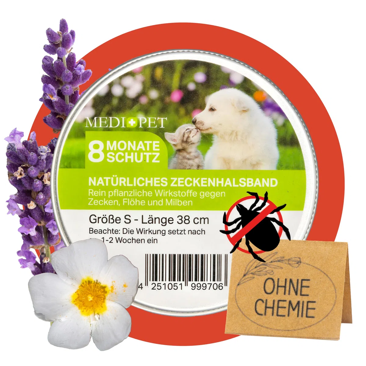 MEDIDOG Natürliches Zeckenhalsband – 8 Monate Schutz vor Zecken, Flöhe und Milben, für kleine Hunde & Katzen – mit Zistrose- & Lavendelöl – ohne Chemie