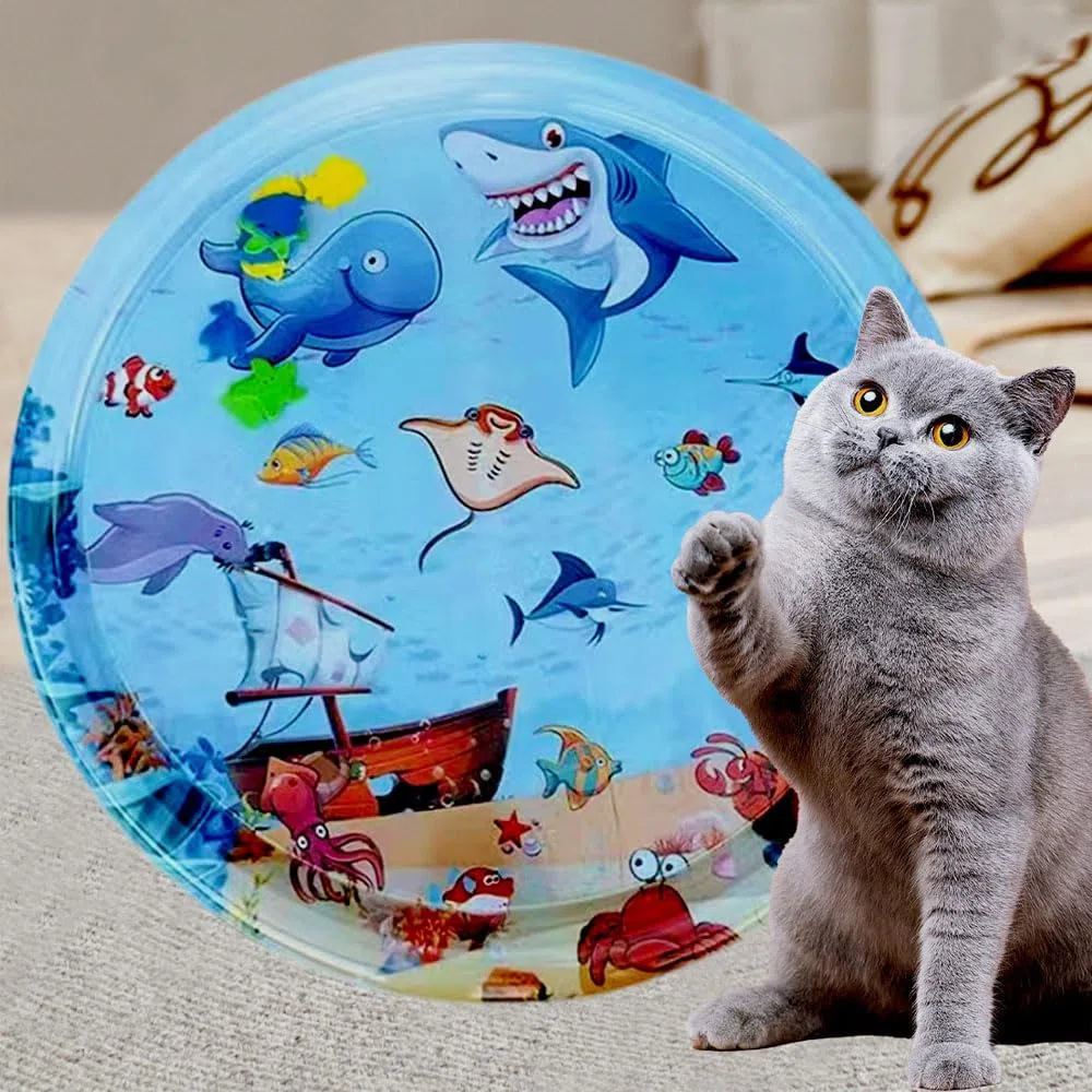 Φ65cm Sensorische Wassermatte Katze,Wassermatte Für Katzen Im Sommer,Wassersensorische Spielmatte,Verdickte 55 Seide Spielwasser-Sensormatte Für Kleine Hunde Und Katzen (Haifischform)