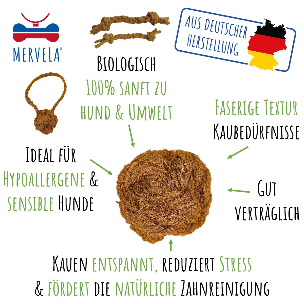Kauseil aus 100% Kokosnuss-Wolle für Hunde – Natürliches, biologisches Kauspielzeug, Zahnpflege & Langlebig – Für alle Hundegrößen geeignet (Small (2X30cm))