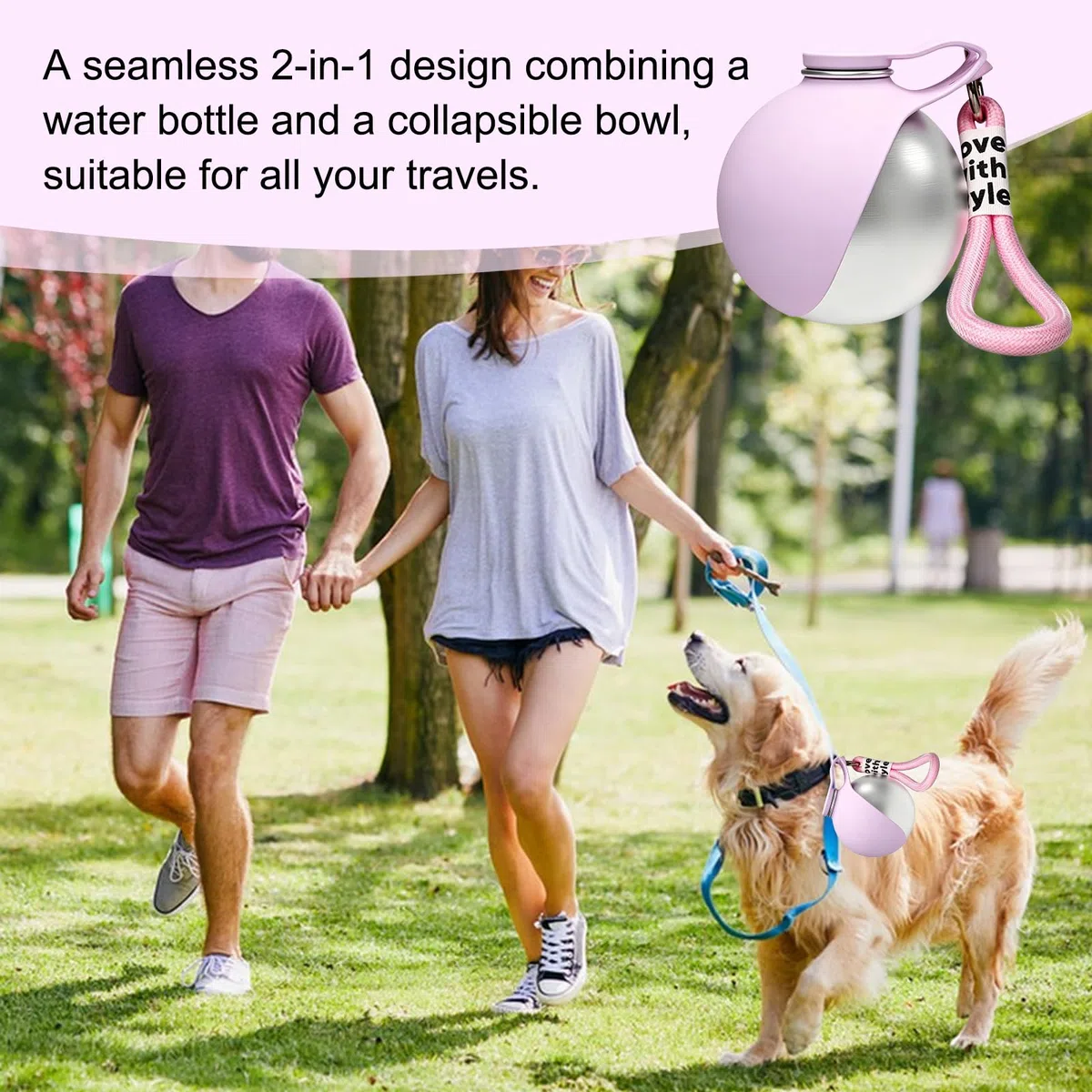 Trinkflasche Hunde für Unterwegs, Edelstahl Hunde Trinkflasche, Auslaufsichere & Kompakte Hundetrinkflasche,mit Faltbarem Silikonnapf, für Spaziergänge, Wanderungen & Reisen,285 ml (Rosa)