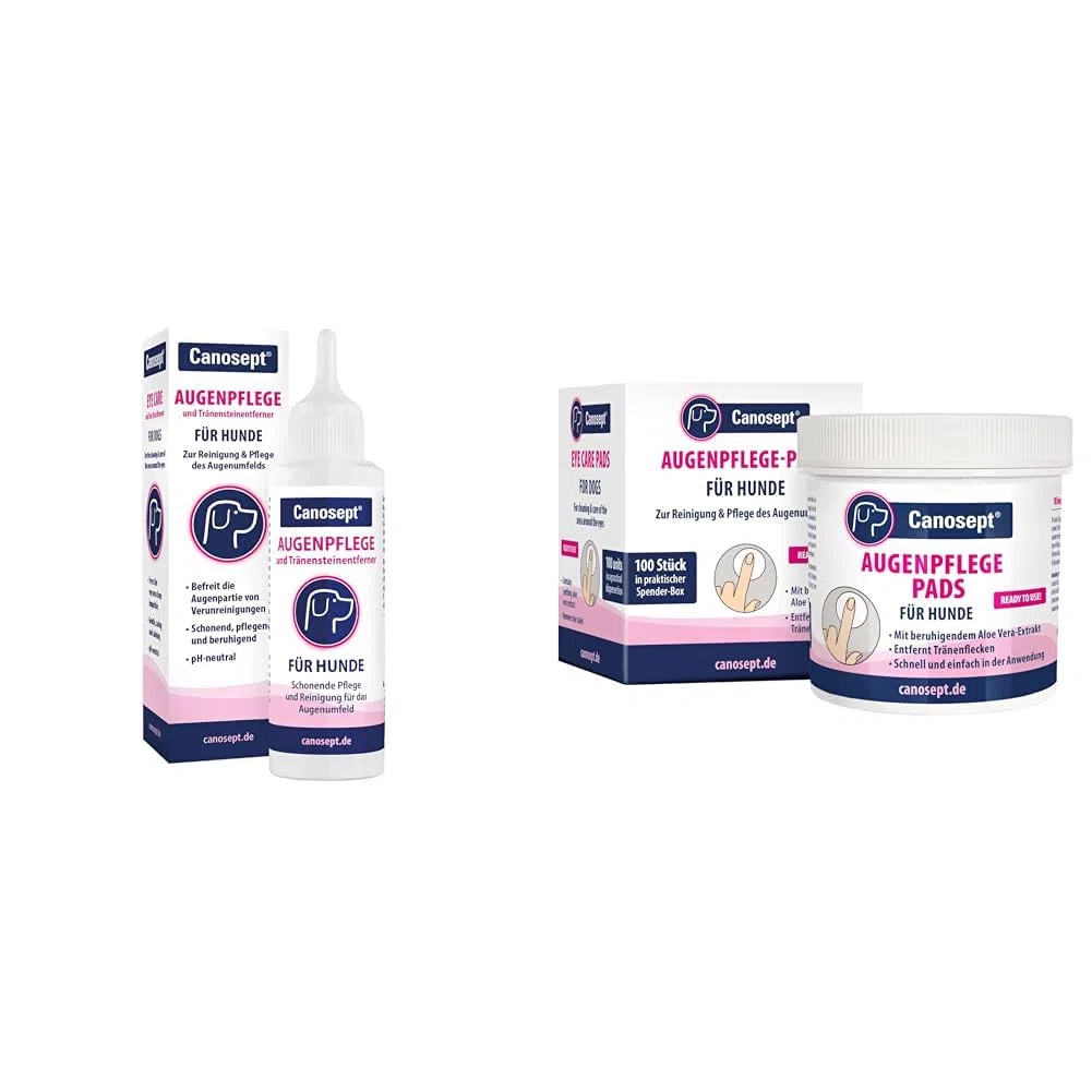 Canosept Augenpflege für Hunde 120ml - Tränenfleckenentferner Hund - Augenpflege Hund + Canosept Augenpflege-Pads für Hunde 100 Stück - Tränenfleckenentferner Hund & Augenpflege Hund