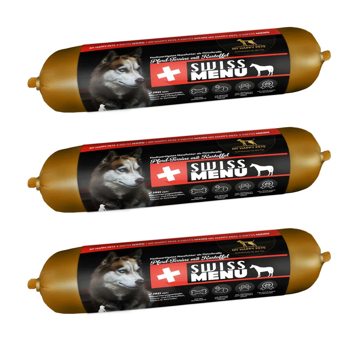 Swiss Menü Pferd-Terrine mit Kartoffel 3 x 400 g Nassfutter für Hunde als Fleischrolle