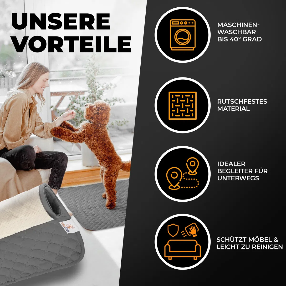 wasserdichte Hundedecke - Robuste Hundematte als Schutz für Sofa & Bett - rutschfeste Hundedecke auch für große Hunde geeignet - in der Waschmaschine waschbar - 100 x 80 cm - grau