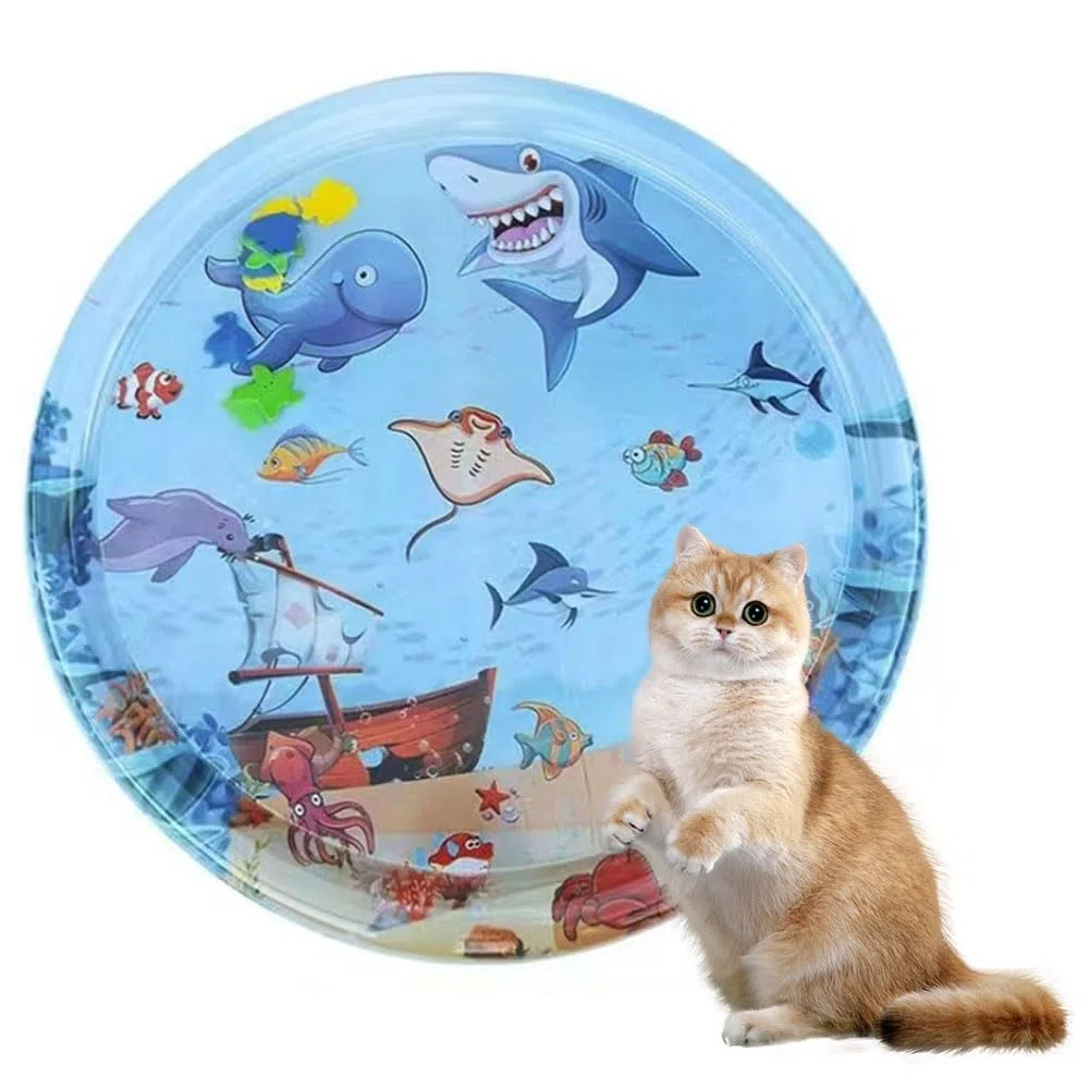 Φ65cm Sensorische Wassermatte Katze,Wassermatte Für Katzen Im Sommer,Wassersensorische Spielmatte,Verdickte 55 Seide Spielwasser-Sensormatte Für Kleine Hunde Und Katzen (Haifischform)