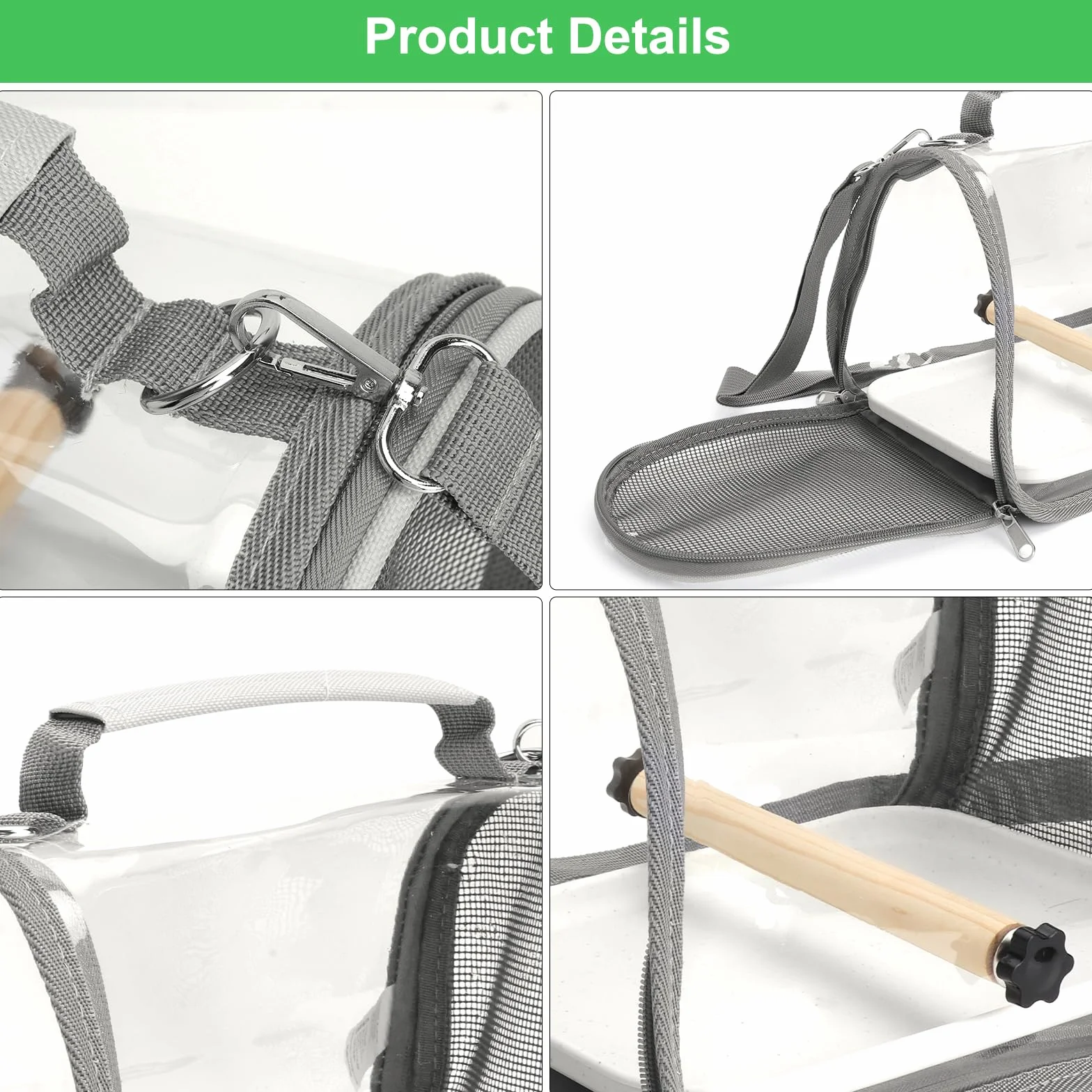 Vogel Transportbox mit Holzstab und Tablett, Rucksack für Vögel, Vogeltragetasche mit Stehstange, Leichter Rucksack für Papagei, Vogelkäfig für Wellensittich für Papageien,Sittiche,1 Backenzähne-grau