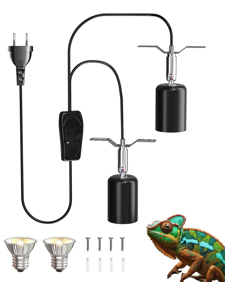 GlowUp Wärmelampe Fassung Keramik für Reptilien, E27 Doppelkopf Keramik Halter für Glühbirne mit 2*50W UVA/UVB Glühbirnen, Separate Steuerung, Drehbare Haustier Heizhalter für Schildkröte, Chamäleon