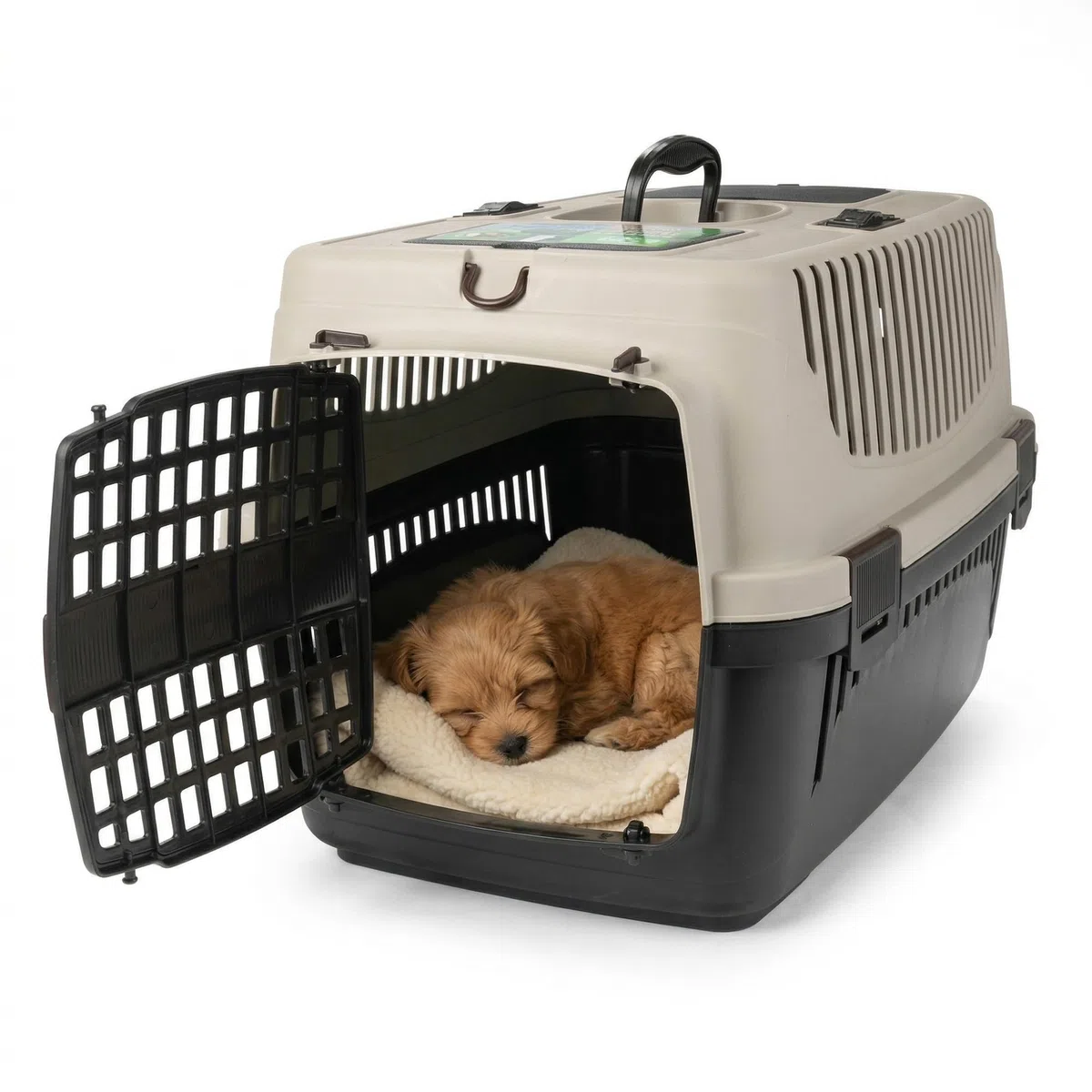 HAPPET Hundetransportbox Molly M Beige Braun 55x36,5x33 cm – Stabile Transportbox Hund aus Kunststoff mit Belüftung, sichere Hundebox für Auto, Reisen & Transport für kleine Hunde